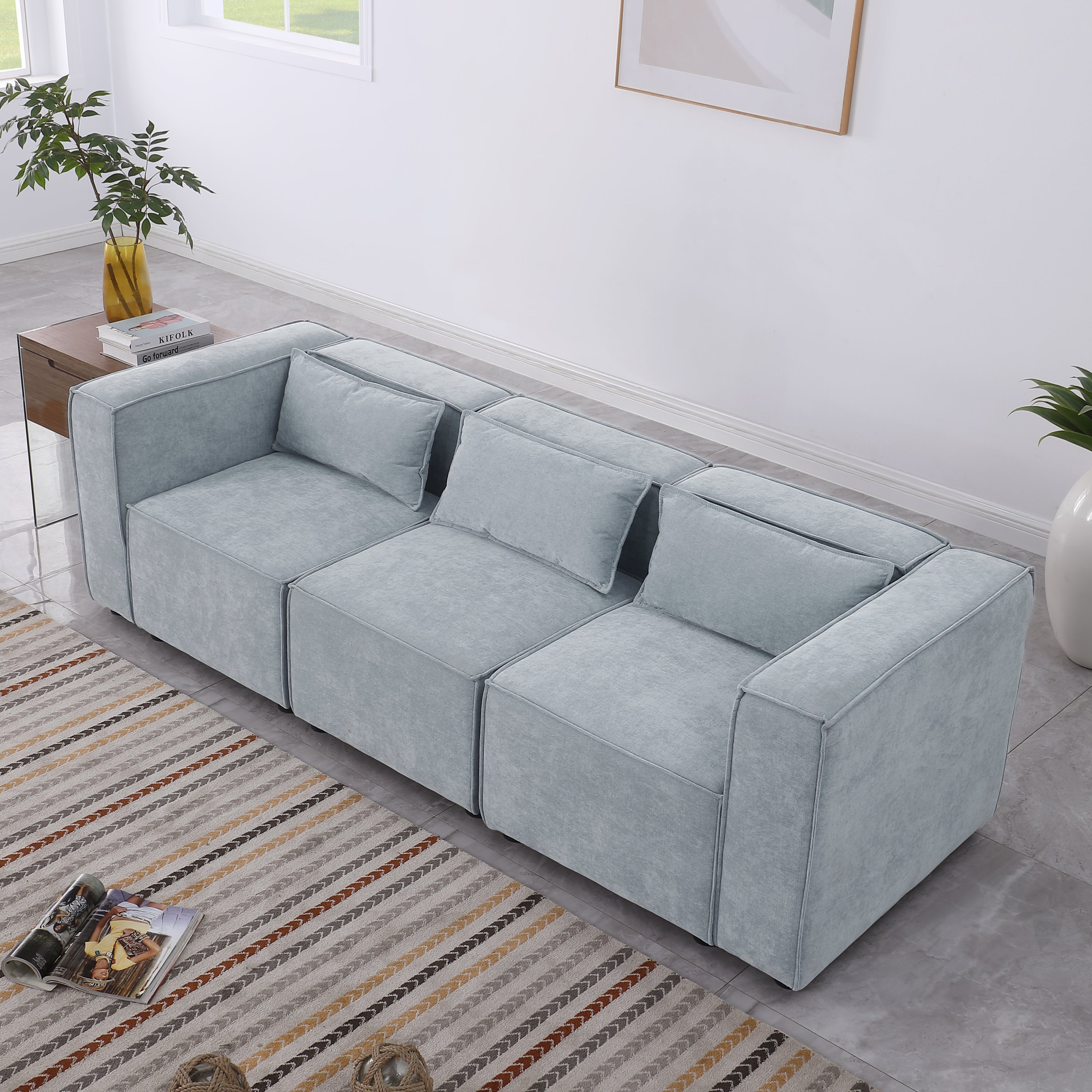 modular sofa Grayish blue  chenille fabric,  simple and grand, the seat and back is very soft. this is also a KNOCK DOWN sofa