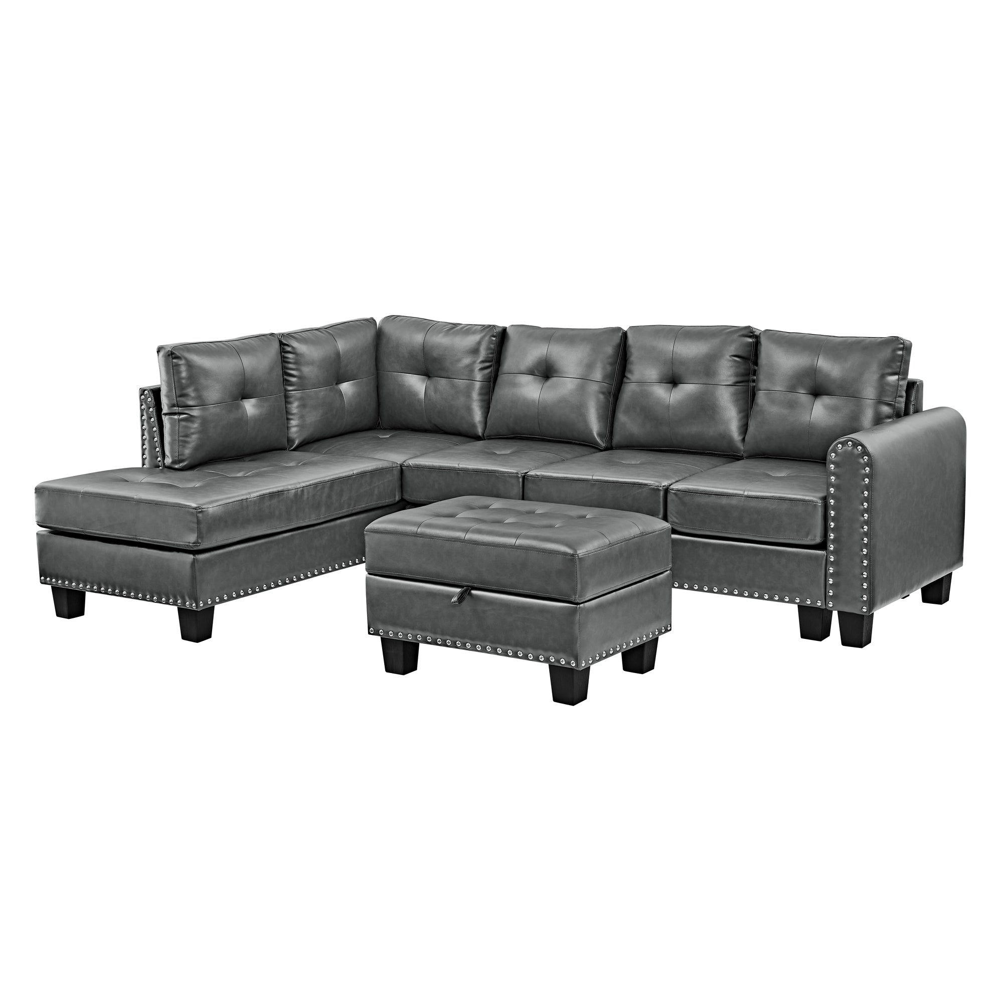 Sectional 3-Seaters Sofa , reversible recliner, Storage pad and wood grain cup holder, Non-slip leg, pu, grey