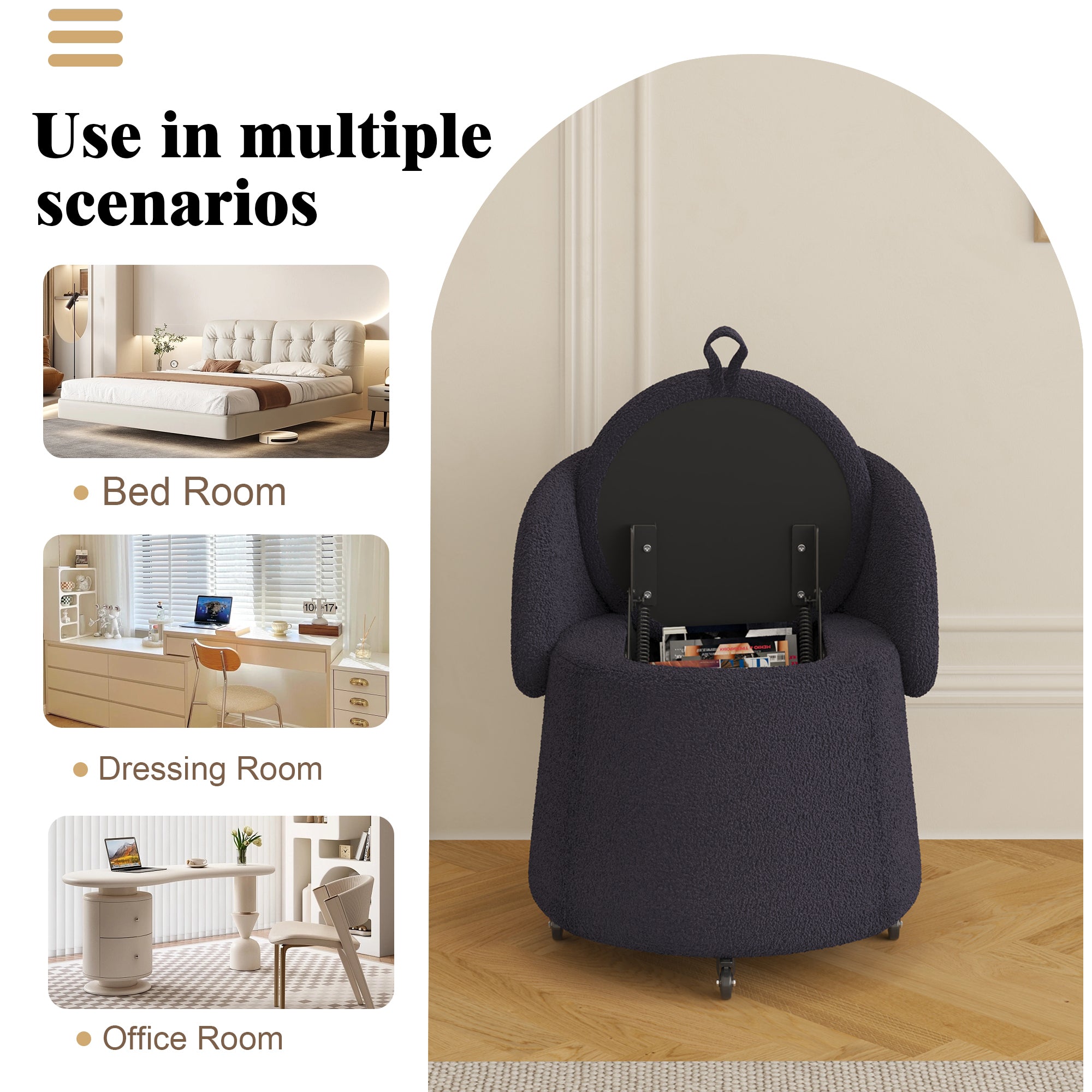 23" Movable Black Storage Chair - Multi-Functional Design in Teddy Fleece for Stylish Bedroom & Living Room