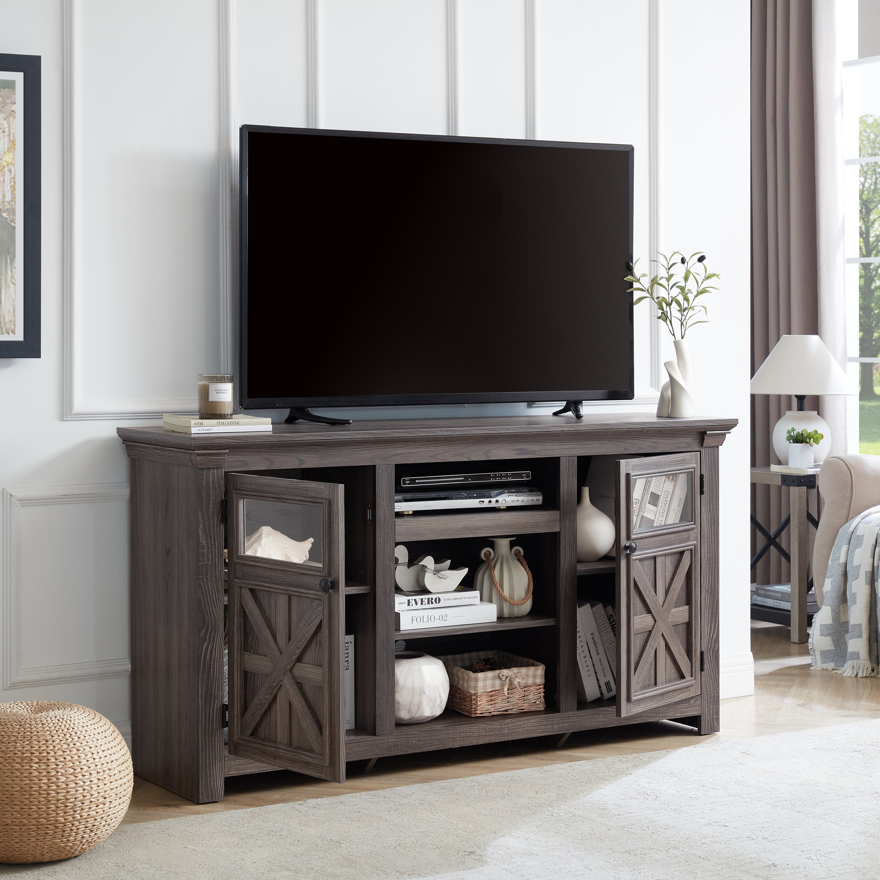 2 Door Farmhouse  TV Stand Barn Design with Large Barn Inspired Home Entertainment Console