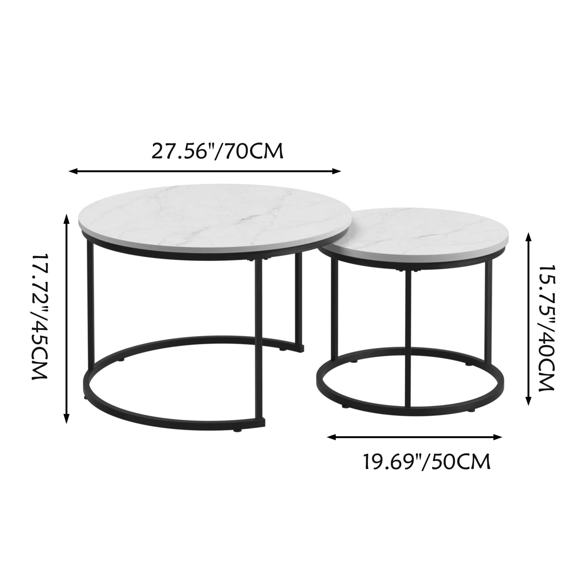 Nesting Coffee Table Set of 2, 27.6inch Round Coffee Table Wood Marble Pattern Top with Sturdy Metal Frame, End Table Side Tables for Living Room Bedroom Balcony Yard (White)