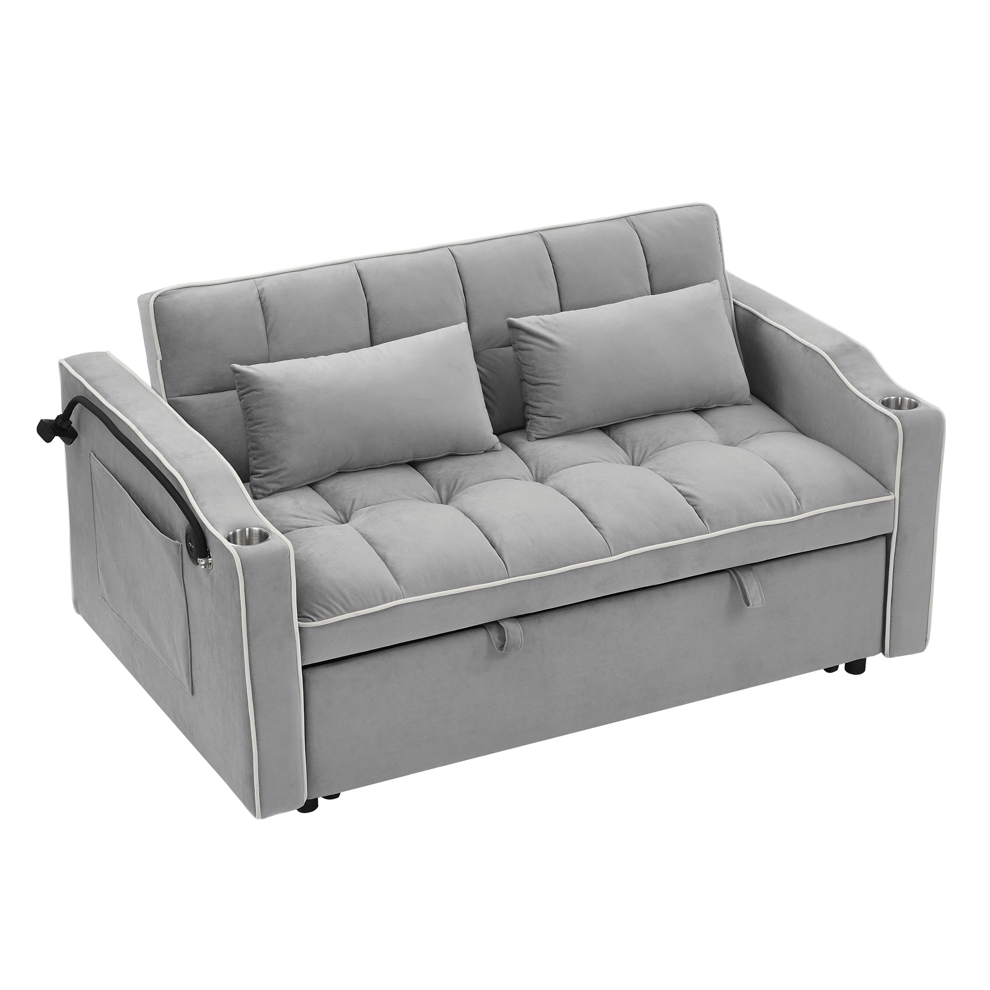 55.51" Foldable Velvet Sofa Bed with Adjustable Back, Pull-Out Design with USB Port, Ashtray, and Swivel Phone Stand, Gray