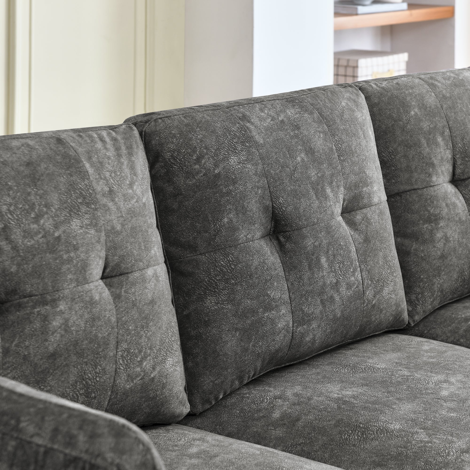 Sectional 3-Seaters Sofa ,Double-sided multi-functional footstool, storage mat , Non-slip leg, two pillows, Velvet, Dark grey