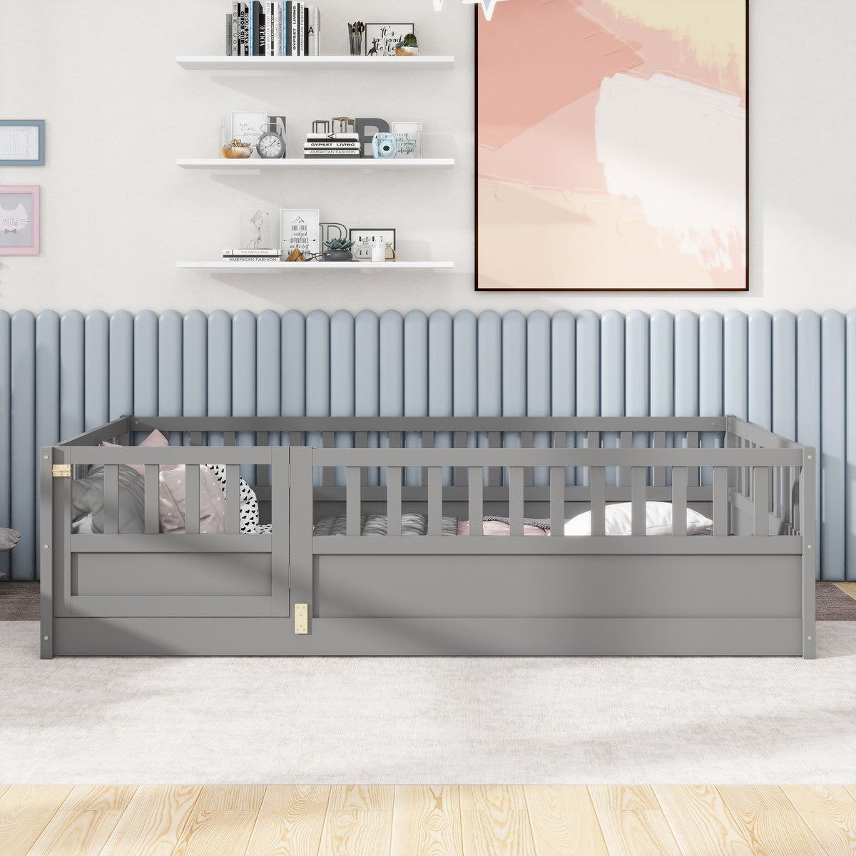 Twin Size Floor bed, integral construction with super high security barrier, door, children's floor bed frame, Montessori wooden children's floor bed,  Grey