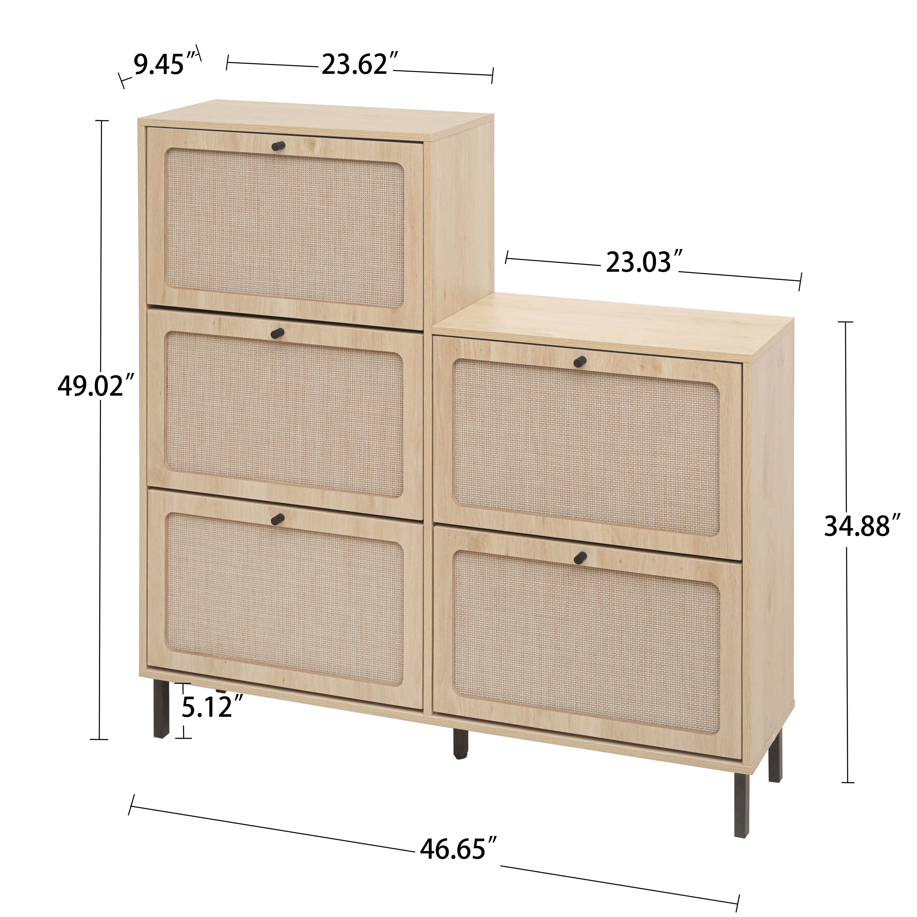 Rattan 5 Door Shoe Rack, Freestanding Modern Shoe Storage Cabinet, for Entryway