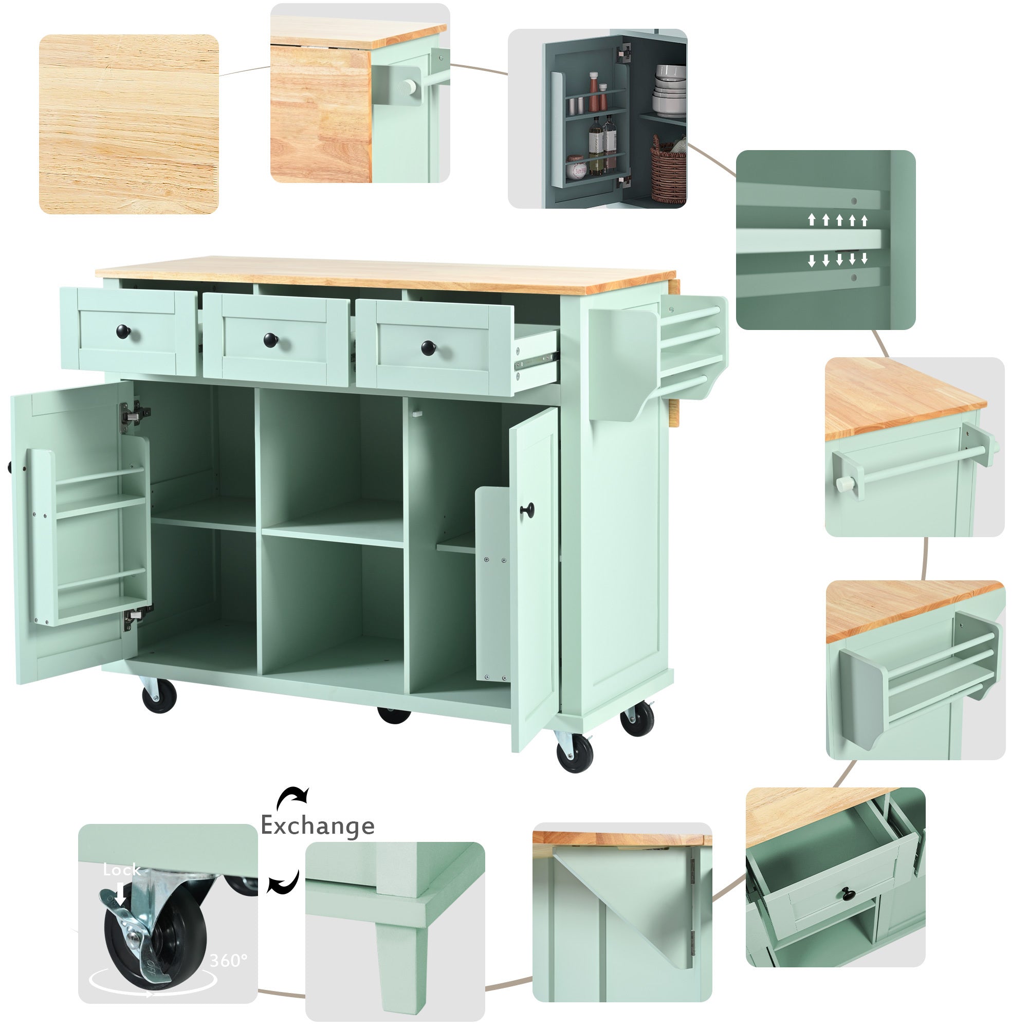 Kitchen Cart with Rubber wood Drop-Leaf Countertop for Dinning Room, Mint Green