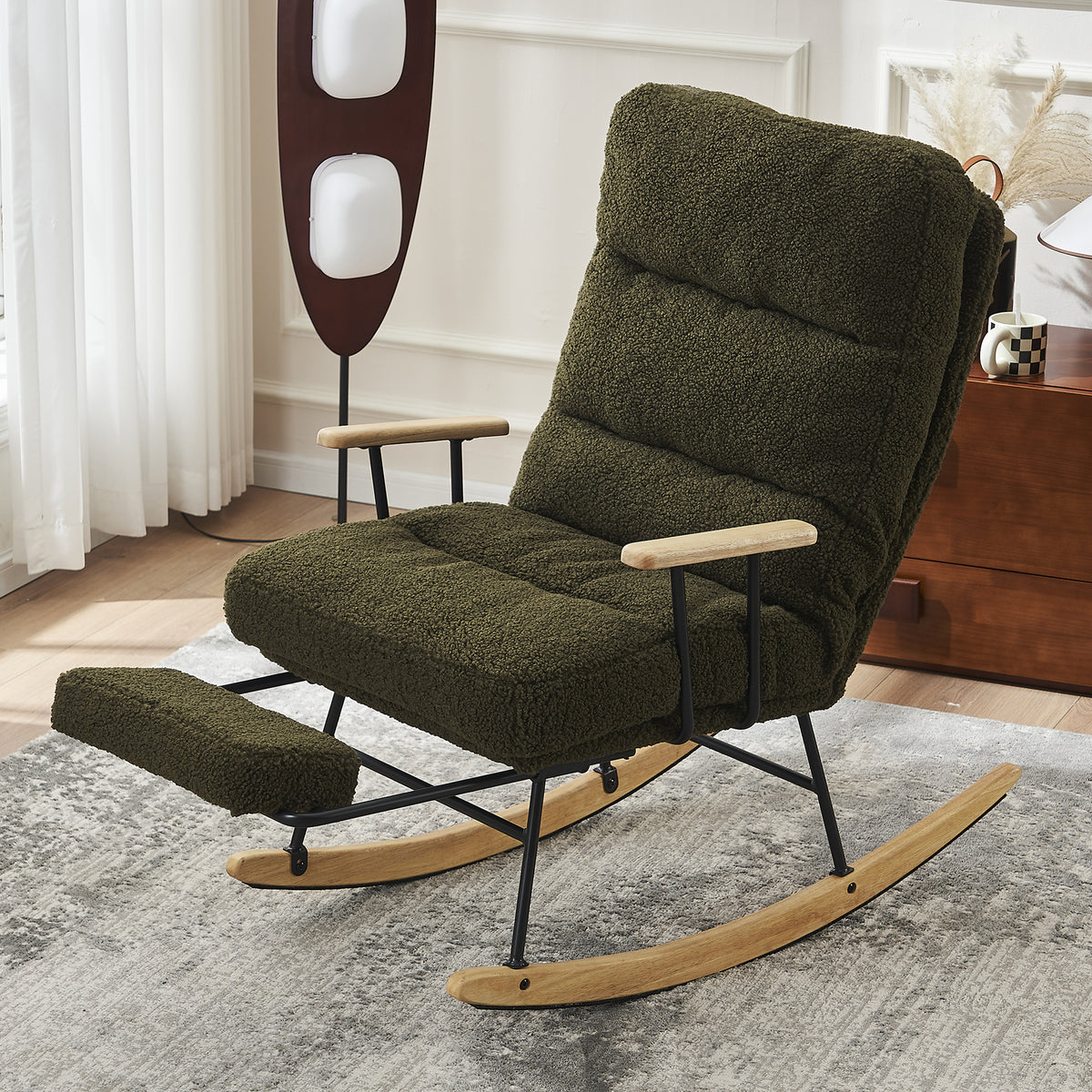 Modern Teddy Gliding Rocking Chair with High Back, Retractable Footrest, and Adjustable Back Angle for Nursery, Living Room, and Bedroom, Green