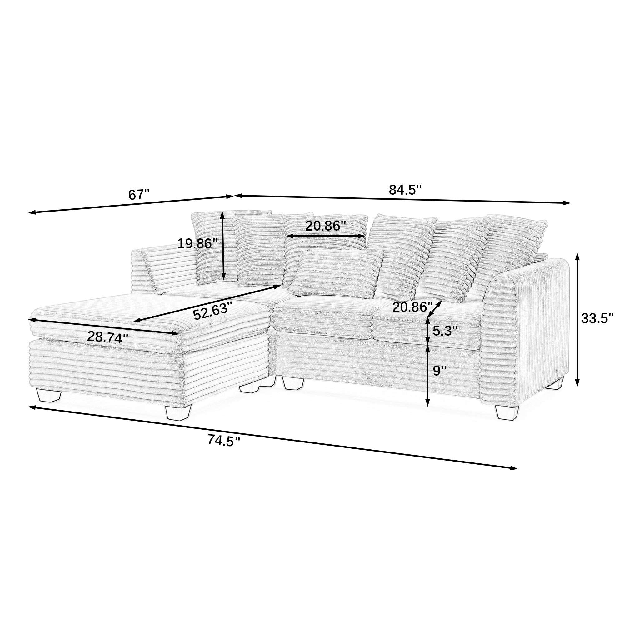 Corduroy Tufted Upholstered Sleeper Sectional Sofa, L-Shaped Modular Convertible Sofa , GY