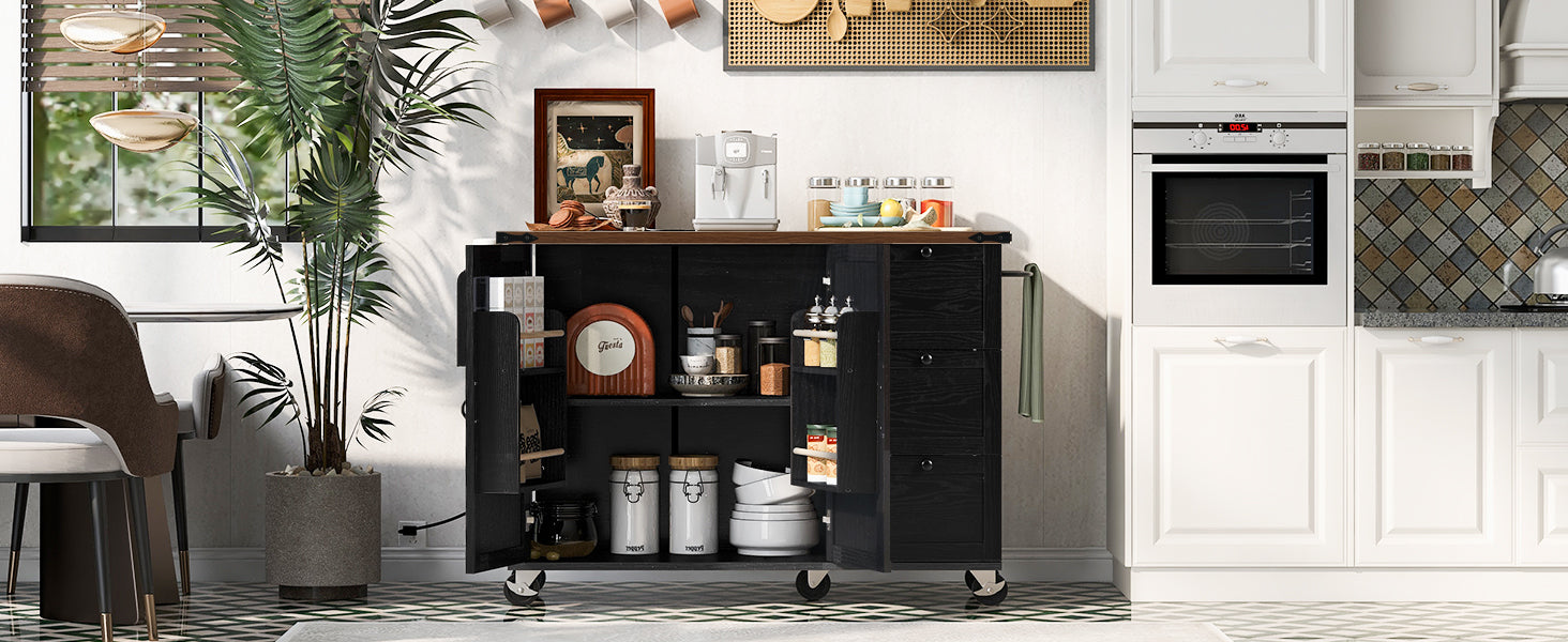 K&K 54.5" Kitchen Storage Island  with Internal Storage Rack, Drop Leaf, Spice Rack, Rolling Kitchen Cart on Wheels, Black