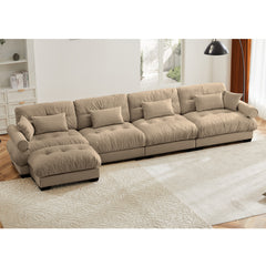 L-Shaped Convertible 4-Seater Cloud Sofa, Modern Velvet with Pillows and Bolstered Armrests,Camel