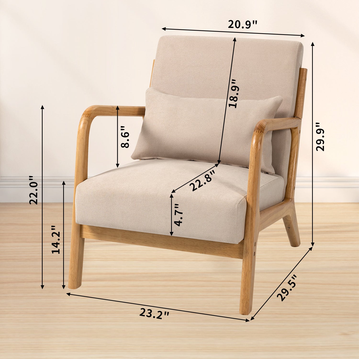 Leisure Chair with Solid Wood Armrest and Feet, Mid-Century Modern Accent Sofa,1 seat