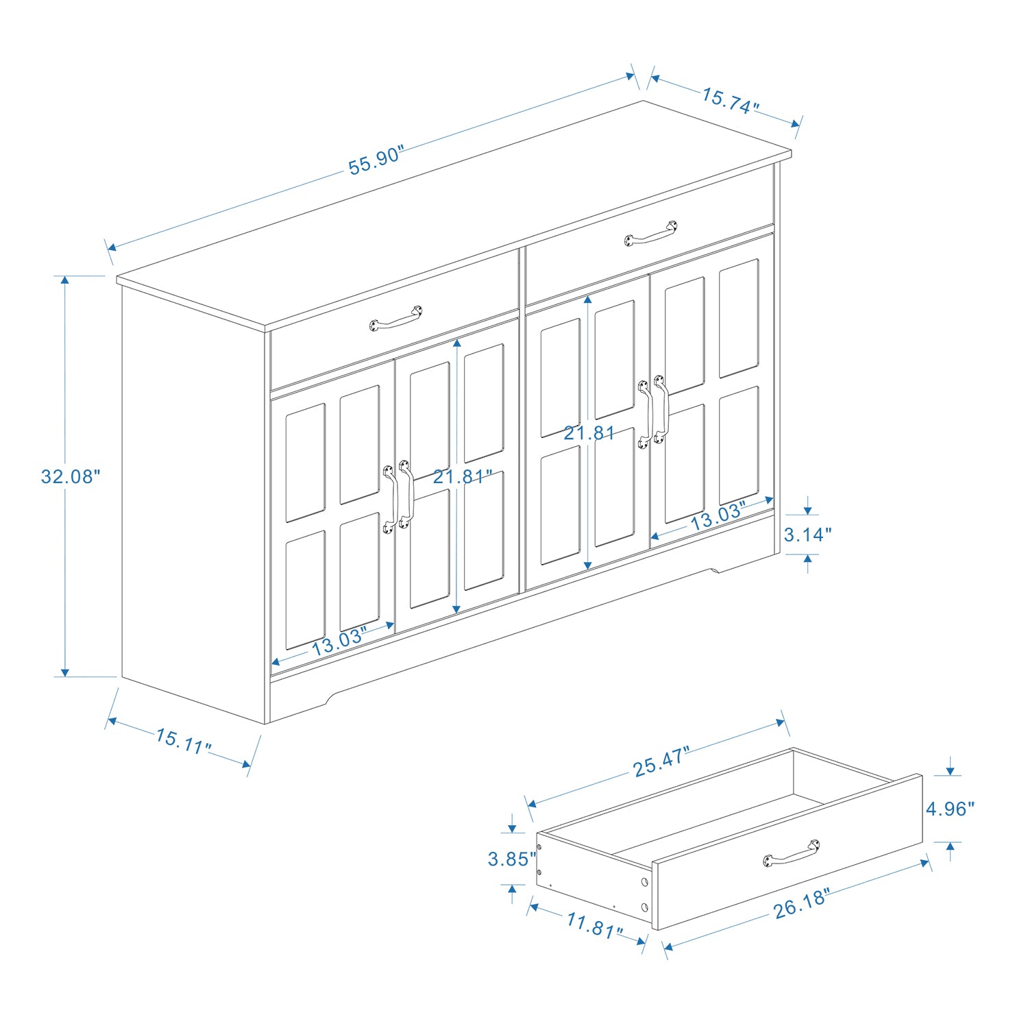 55.91" Large Farmhouse Buffet Cabinet Storage Sideboard with 2 Drawers and 4 Doors for Dining Living Room Kitchen Cupboard-White