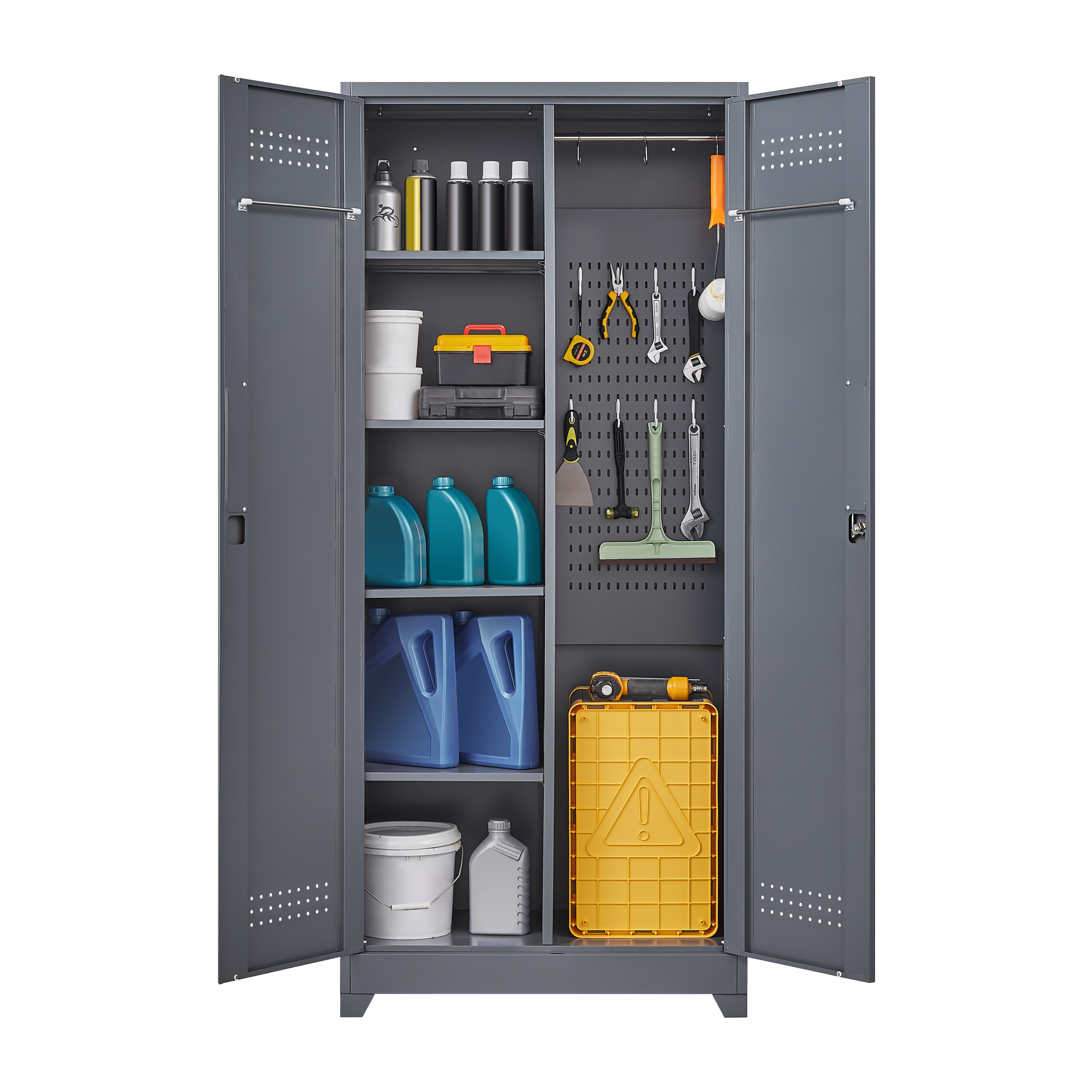 Metal Storage Cabinets, Cleaning Tool Cabinet with Locking Door, Tall Broom Tool Organizer and Storage, Large Storage Cabinet for Kitchen, Pantry, Office, Shop