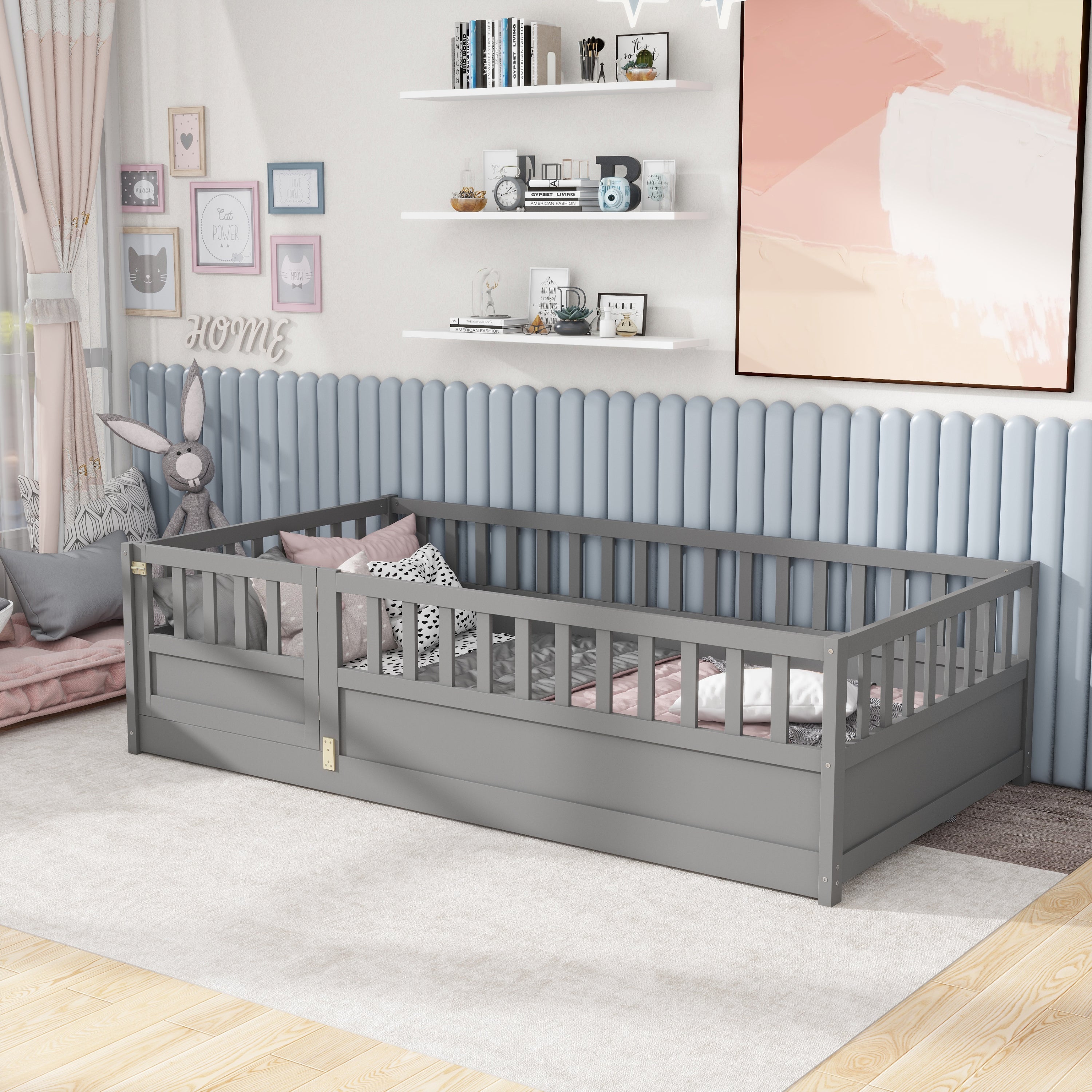 Twin Size Floor bed, integral construction with super high security barrier, door, children's floor bed frame, Montessori wooden children's floor bed,  Grey