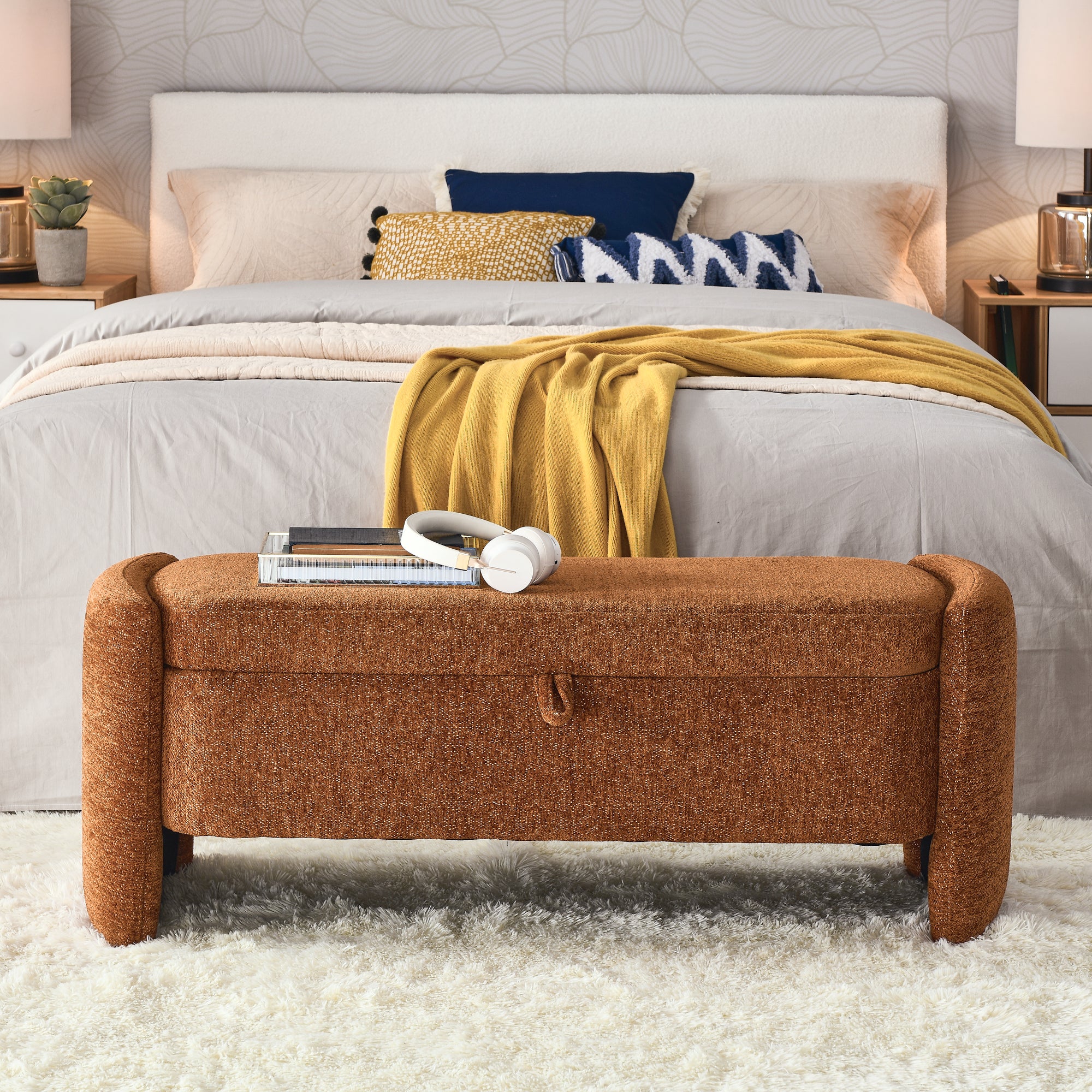 Oval Chenille Storage Ottoman Bench with Large Storage Space for Bedroom, Brown