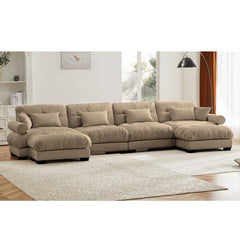 U-Shaped Velvet Sectional Cloud Couch with Movable Ottomans, Deep 4-Seater with Bolstered Armrests and Pillows, Camel