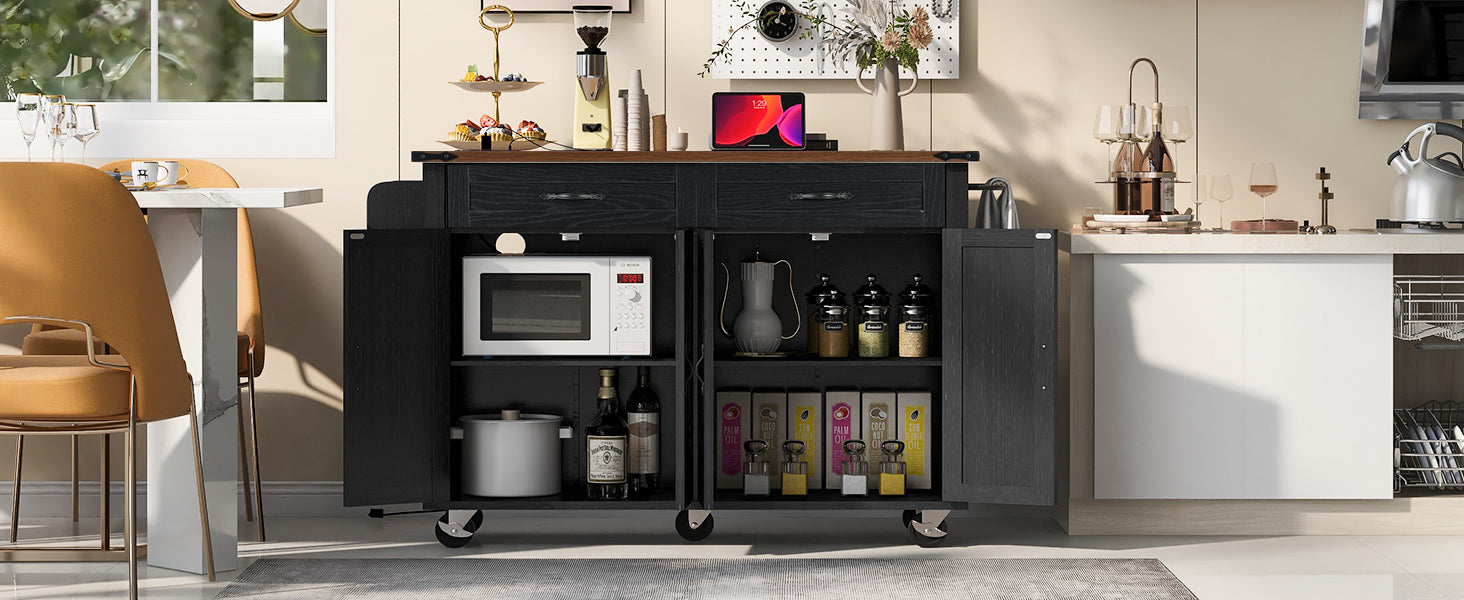 K&K 53.5''Farmhouse Kitchen Island with Drop Leaf, Spice Rack and Drawer, Rolling Kitchen Cart on Wheels, Black