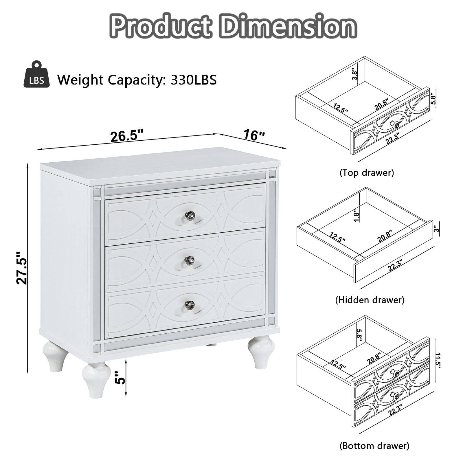 Contemporary Nightstands with mirror frame accents, Bedside Table with two drawers and one hidden drawer, End Table with Crystal Pull for Living Room,Bedroom, White