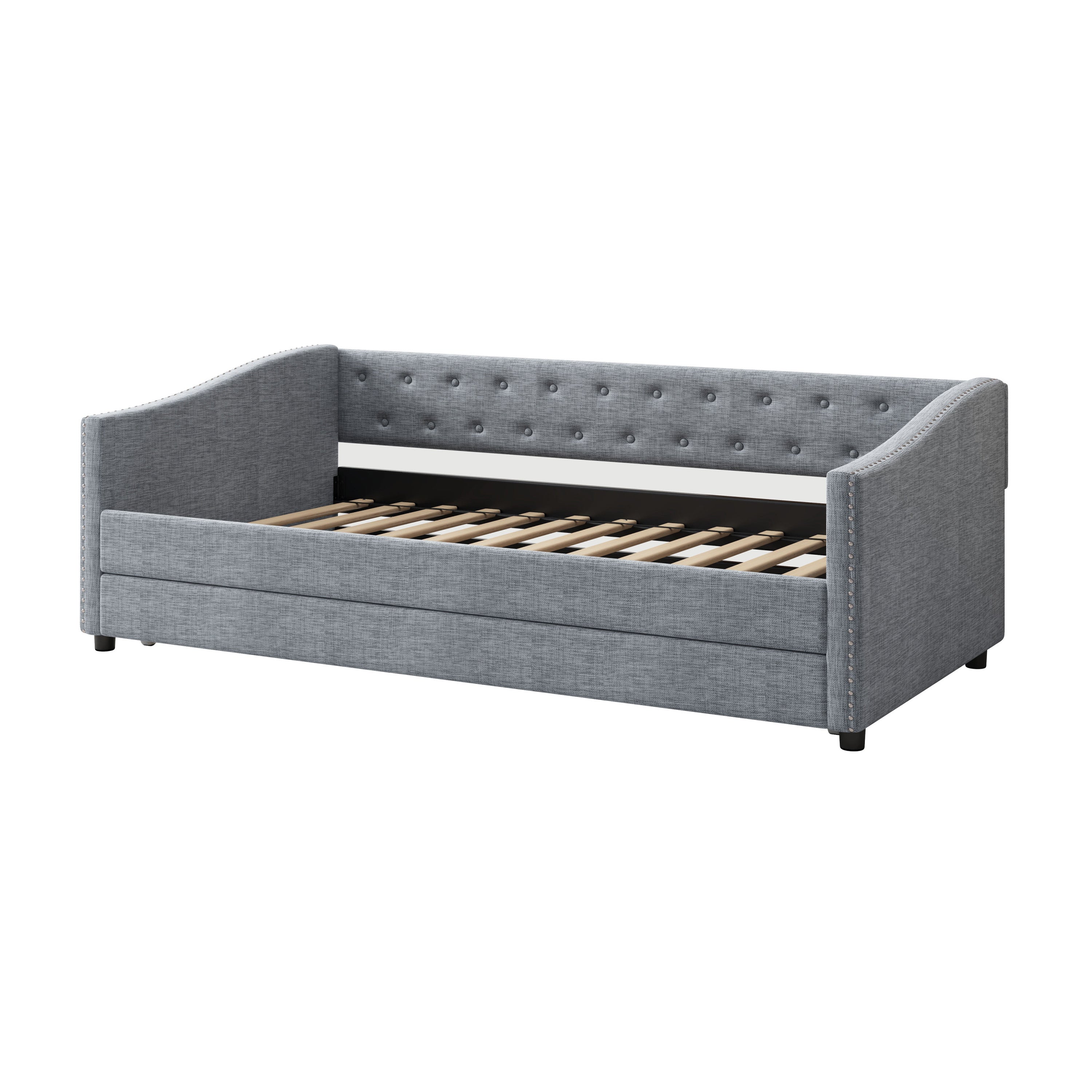 Twin Size Daybed with Twin Size Trundle Upholstered Tufted Sofa Bed, with Button on Back and Copper Nail on Waved Shape Arms-Light Grey