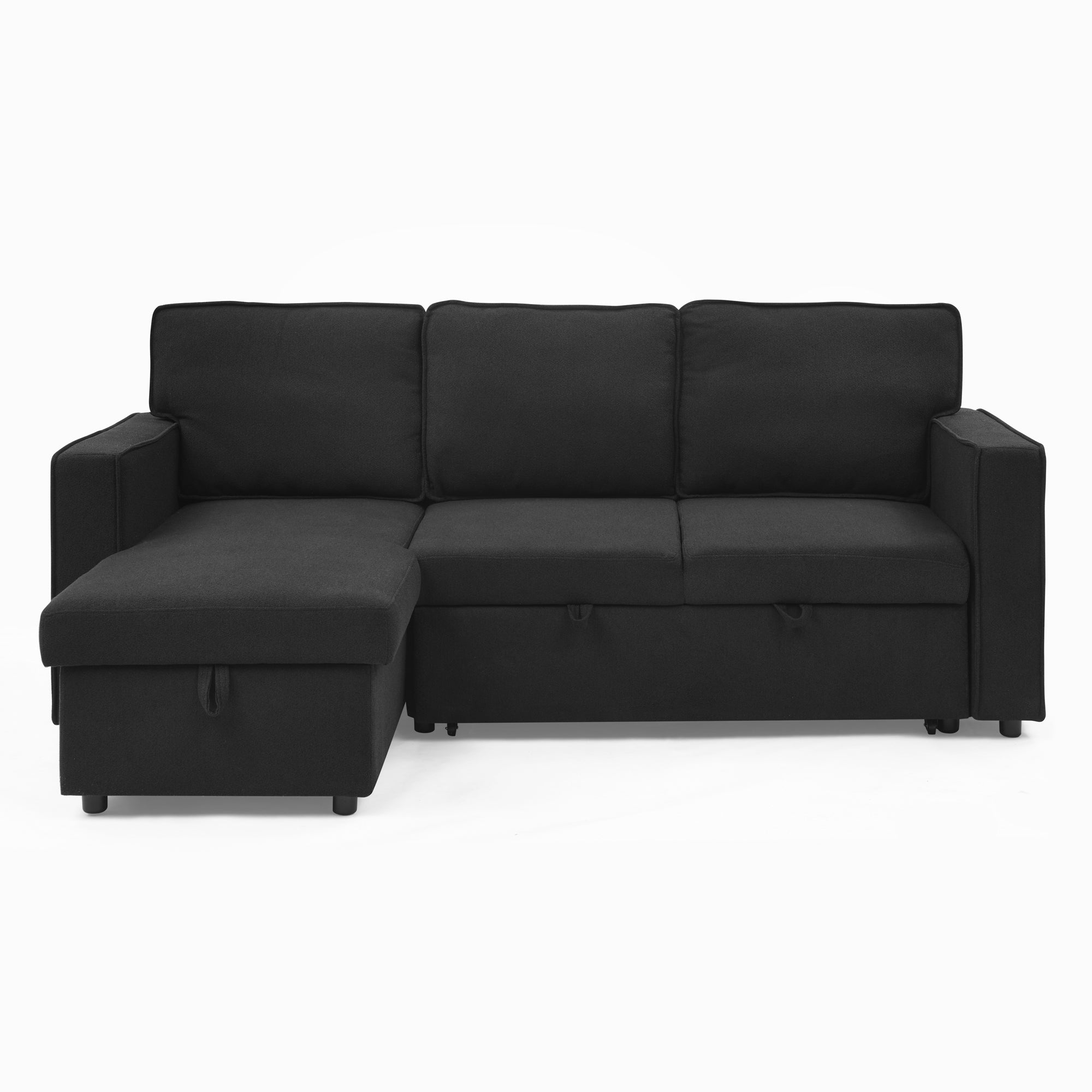 Linen Upholstered Sleeper Sectional Sofa, Shaped Modular Convertible Sofa with Storage Chaise,There are two cup holders in the middle and USB multi-interface function,Pull Out Sleep Couch Bed ,Black