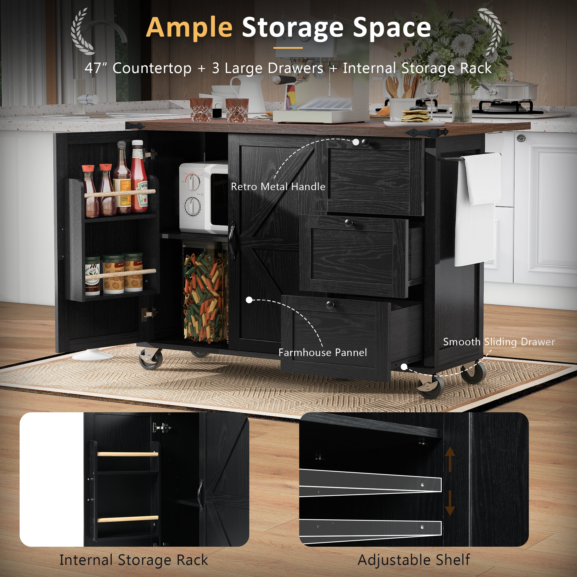 K&K 54.5" Kitchen Storage Island  with Internal Storage Rack, Drop Leaf, Spice Rack, Rolling Kitchen Cart on Wheels, Black