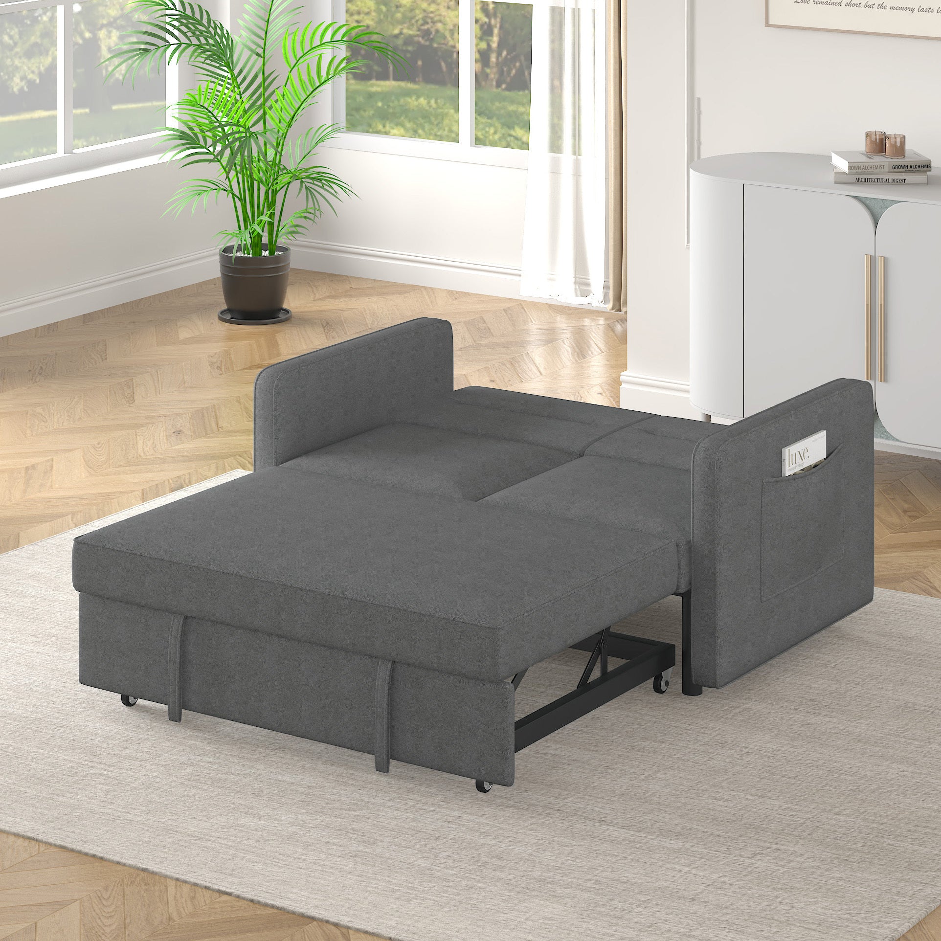 Loveseats Sofa Bed with Pull-out Bed,Adjsutable Back and Two Arm Pocket-Dark grey(54.5"x33"x31.5")