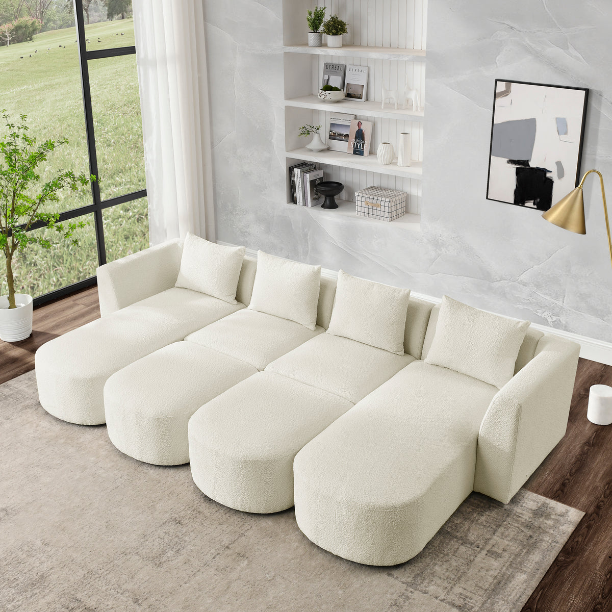 U Shape Sectional Sofa including Two Single Seat, Two Chaises and Two Ottomans, Modular Sofa, DIY Combination, Loop Yarn Fabric, Beige