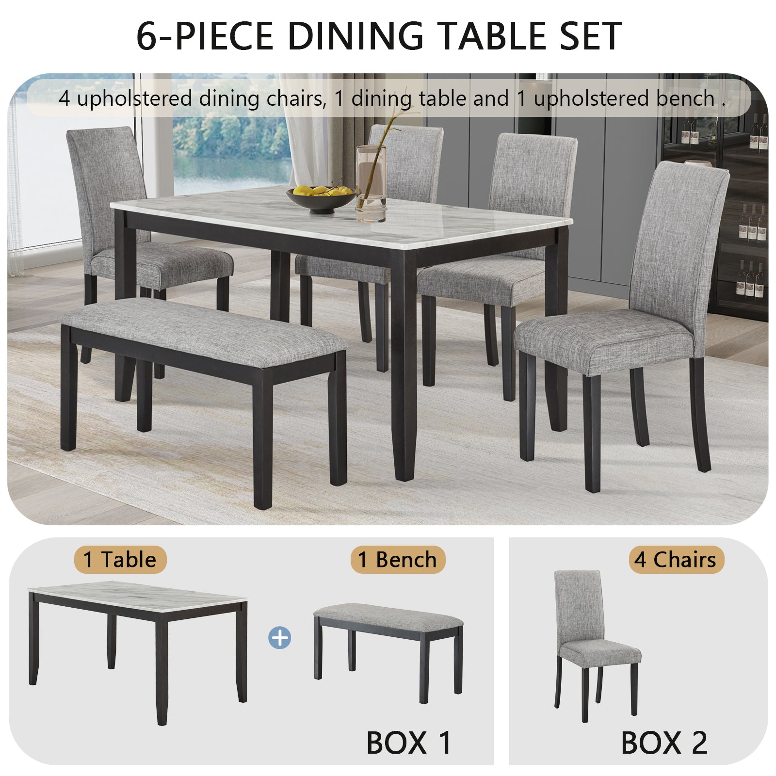 6-Piece Dining Set with Faux Marble Tabletop, Faux Marble dining table set for 6, Modern Wooden Dining Table Set with Bench and 4 Chairs for Kitchen and Dining Room, White +Dark Espresso