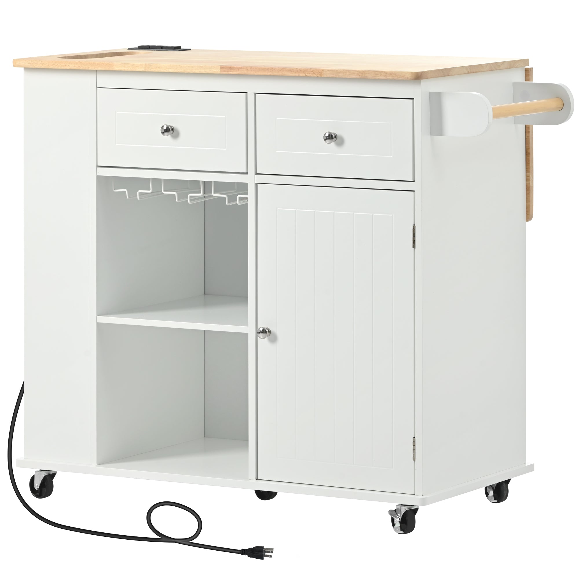 Kitchen Island with Drop Leaf and Rubber Wood,Open Storage and Wine Rack,5 Wheels,White