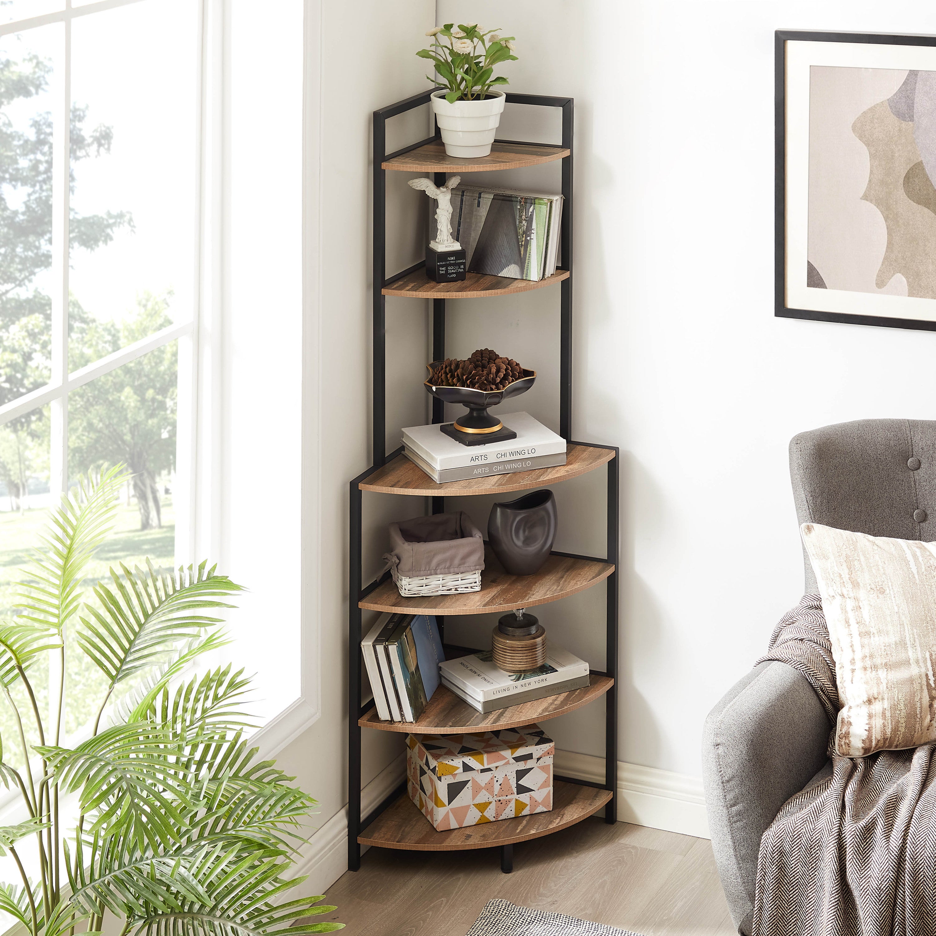 6-Tier Corner Shelf, Freestanding Bookcase for Small Spaces