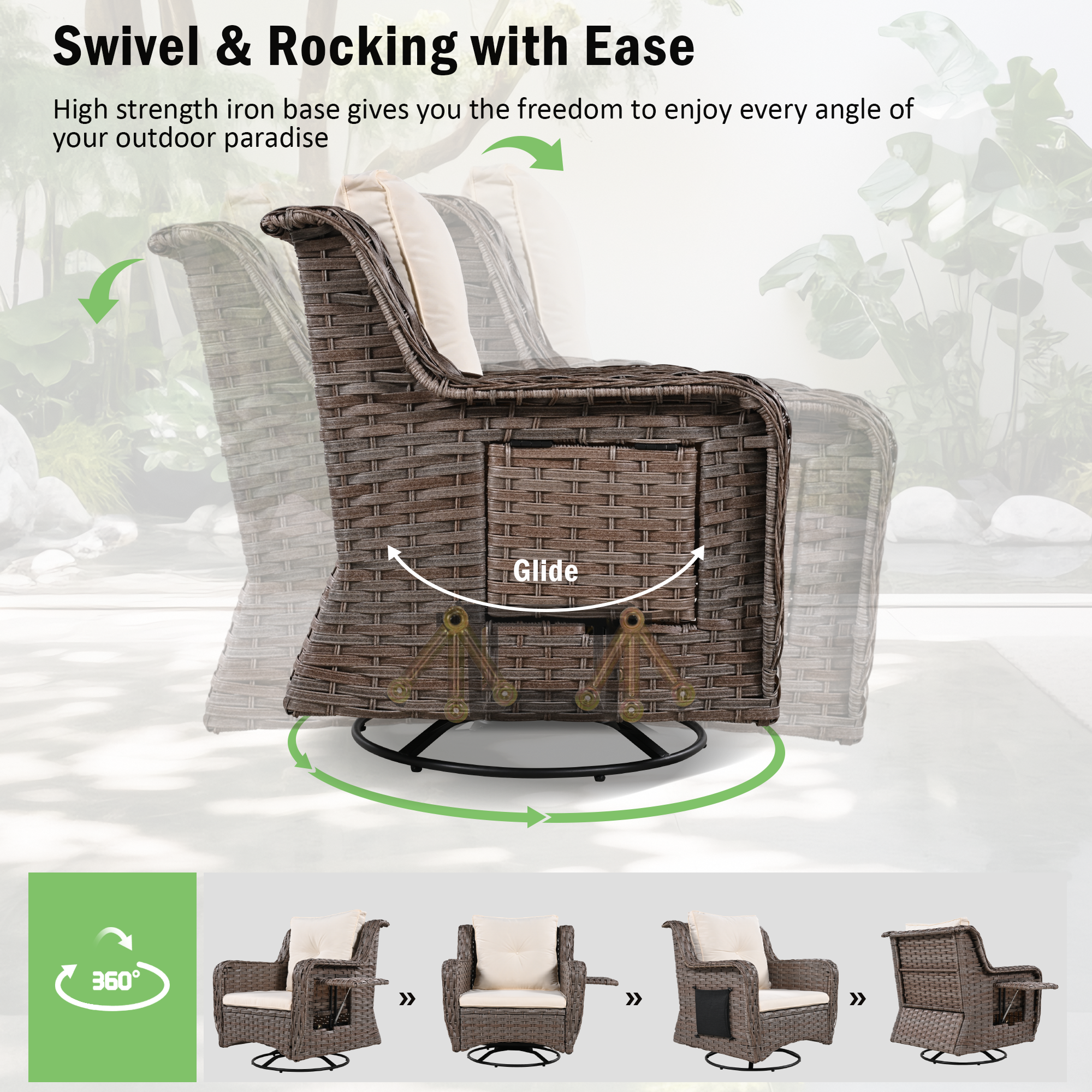 K&K 5 Pieces Outdoor Patio Furniture Set with Pet House Cool Bar and Retractable Side Tray, Rattan Wicker Patio Swivel Rocking Chairs Set of 2 with Ottomans for Backyard, Porch, Balcony, Beige