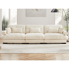 Extra-Large 3-Seater Modern Velvet Sofa, Oversized Cloud-Like Comfort with Waist and Throw Pillows, Beige