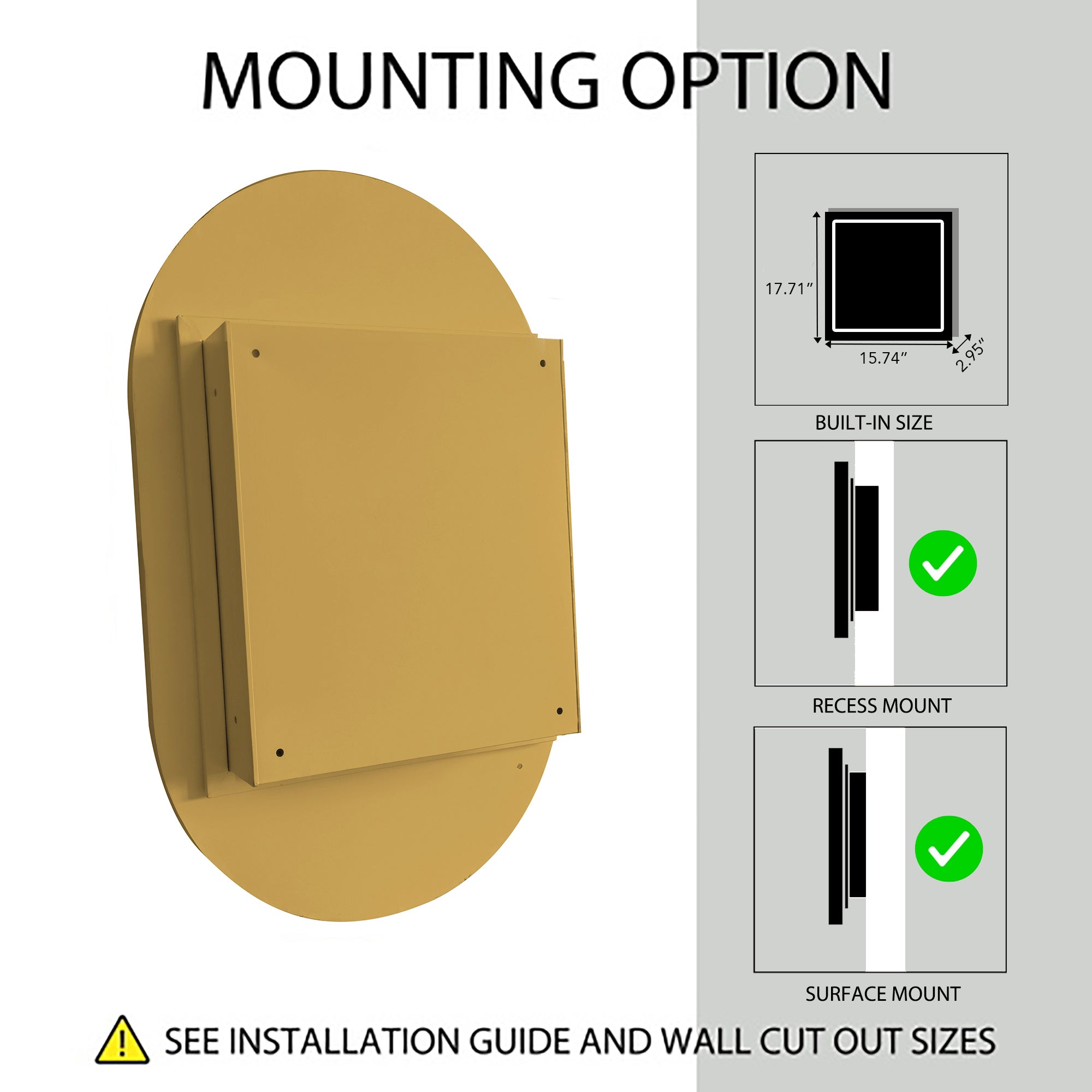 20x34 Inch Oval Recessed Medicine Cabinet, Metal Framed Bathroom Wall Cabinet with Mirror and Adjustable Shelves, Wall Mirror with Storage for Bathroom, Matte Gold