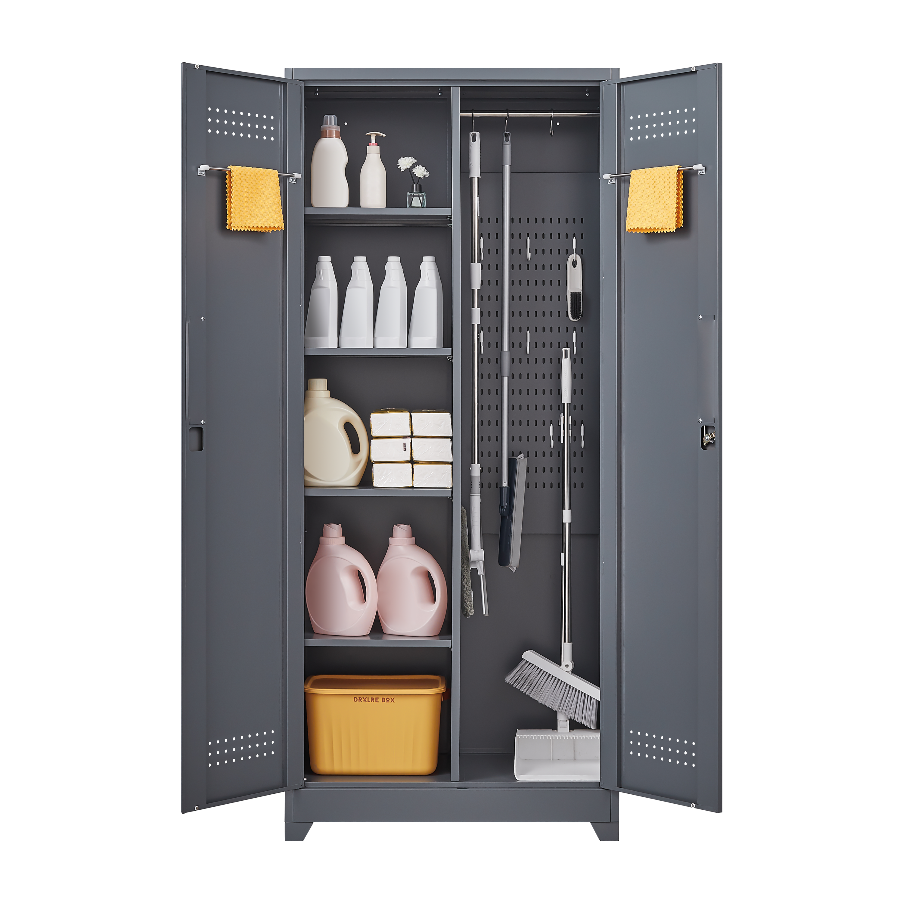 Metal Storage Cabinets, Cleaning Tool Cabinet with Locking Door, Tall Broom Tool Organizer and Storage, Large Storage Cabinet for Kitchen, Pantry, Office, Shop