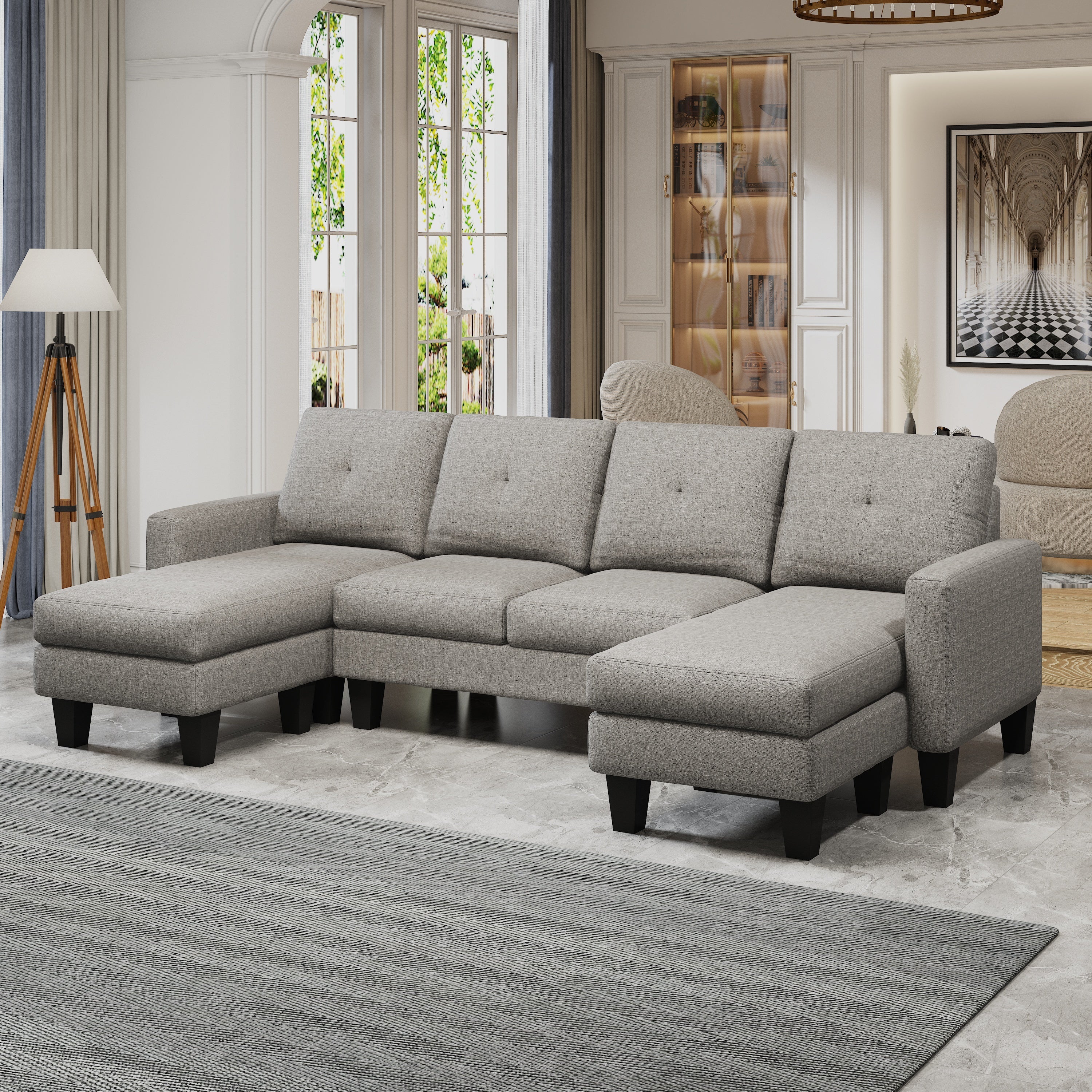 U-Shaped Sofa Coch 4-Seat Sofa with Chaise Polyester Fabric for Living Room Apartment Office (Light Grey)