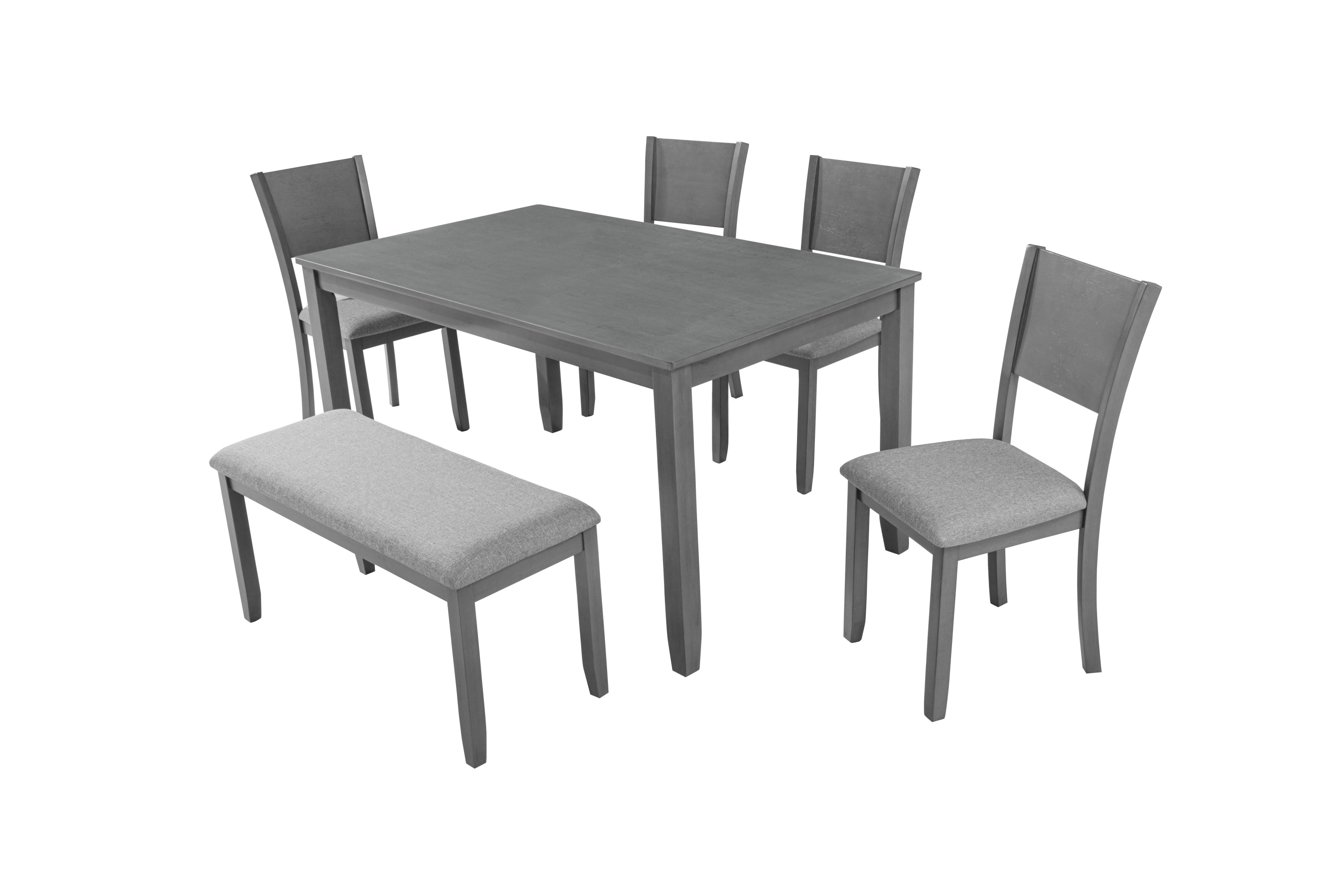 6 Piece Kitchen Dining Set, Rectangular Wooden Dining Table with 4 Upholstered Chairs and a Bench, Dining Table Set for 6 People, Living Room, Home Bar and Kitchen, Gray