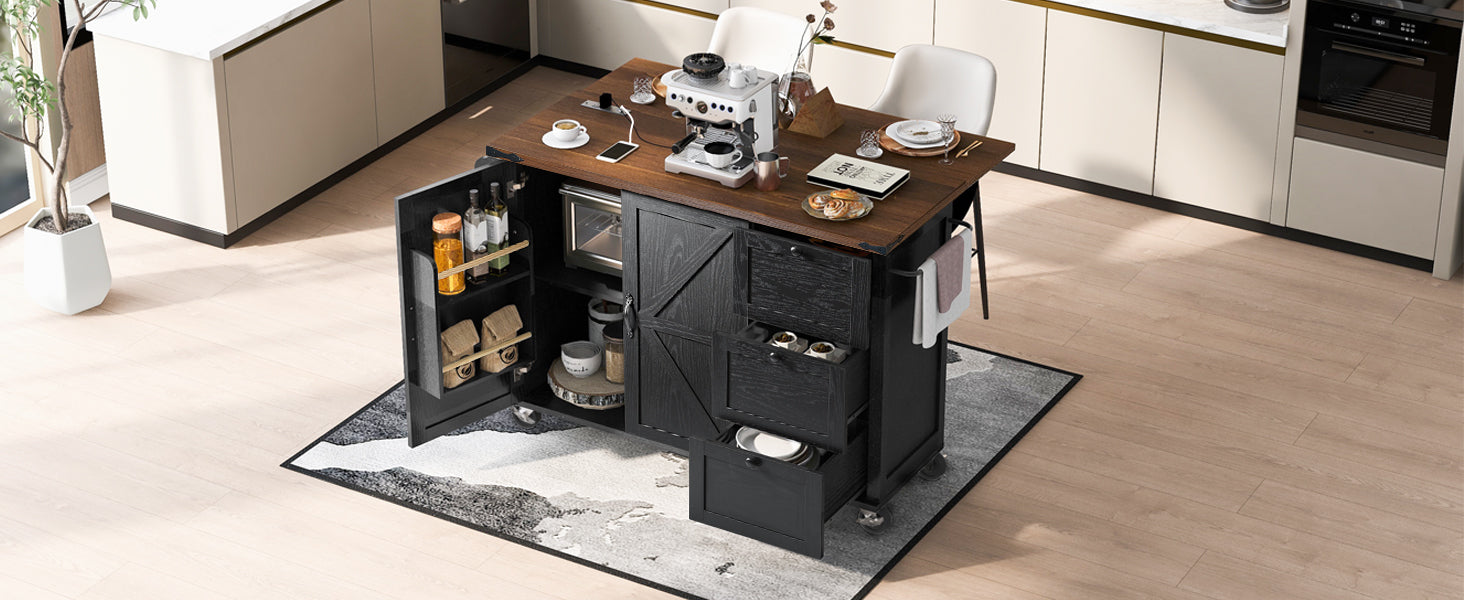 K&K 54.5" Kitchen Storage Island  with Internal Storage Rack, Drop Leaf, Spice Rack, Rolling Kitchen Cart on Wheels, Black