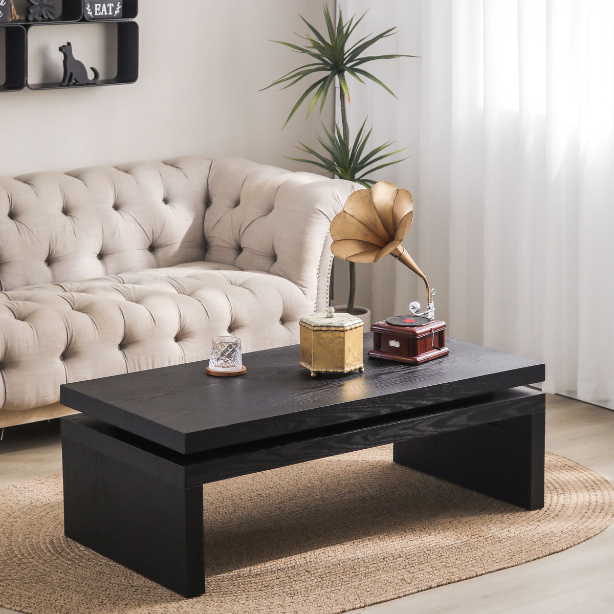 Modern Coffee Table, Black Wooden Coffee Table, Rectangle Cocktail Tea Table for Living Room, 47.6" L* 23.6" W * 16.3" H