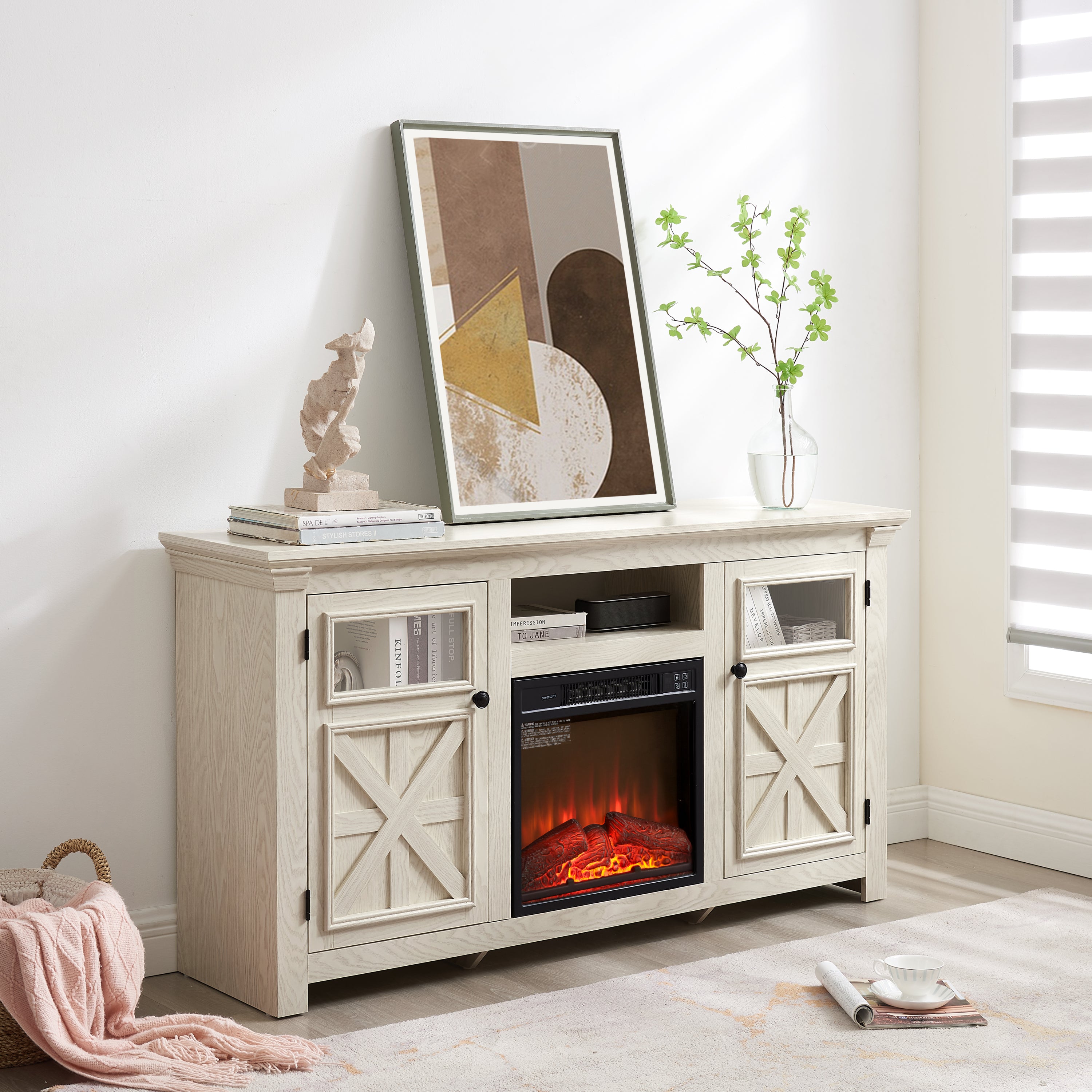 Farmhouse TV Stand with 2 Doors, Barn Design, Large Media Console with 18" Electric Fireplace Insert, WHITE