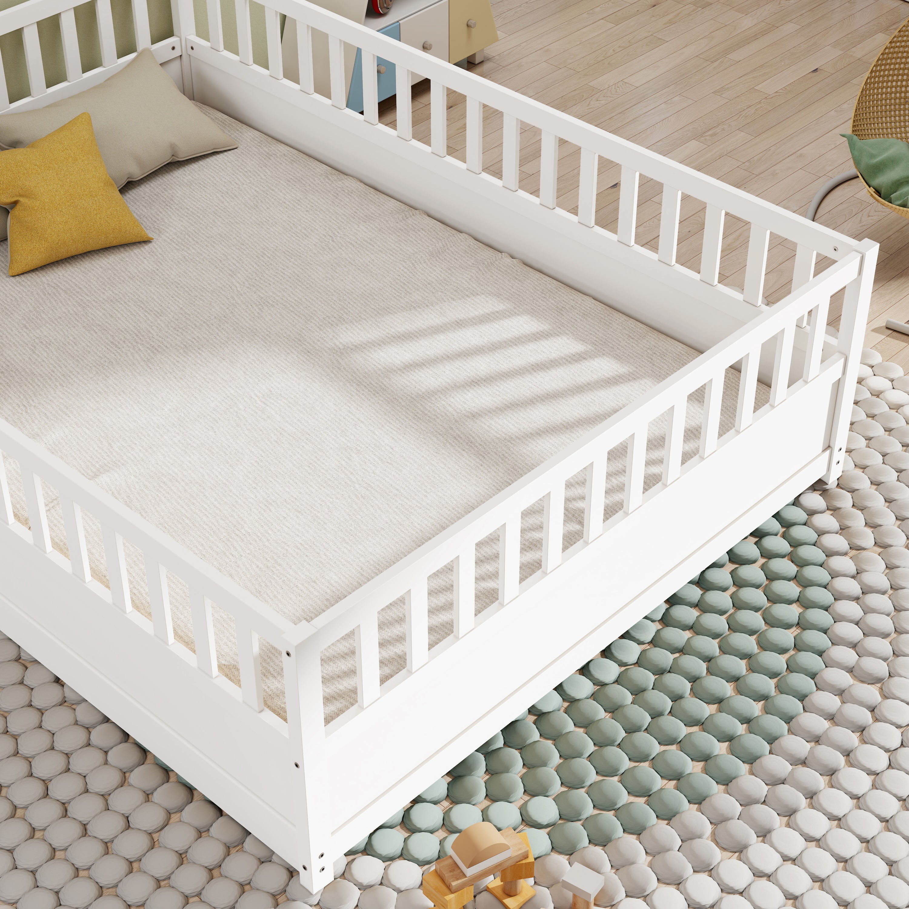 Full size  Floor bed, integral construction with super high security barrier, door, children's floor bed frame, Montessori wooden children's floor bed, Support slat white