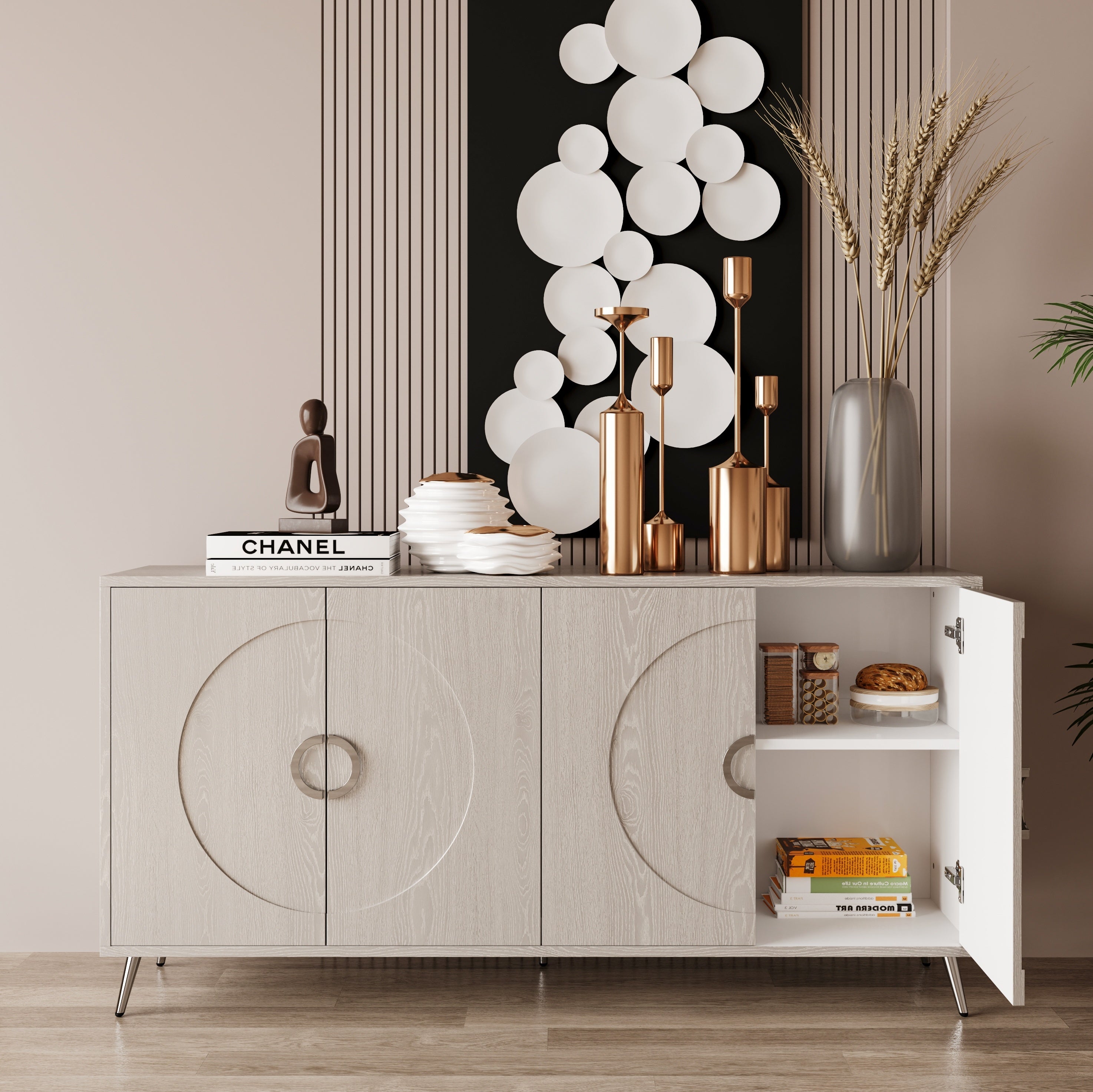 Modern Lacquered 4 Door Wooden Cabinet Sideboard Buffet Server Cabinet Storage Cabinet, for Living Room, Entryway, Hallway, Office, Kitchen and Dining Room, Champagne Silver