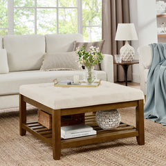 Tufted Upholstered Square Coffee Table Ottoman with Beech Wood Shelf, Oversized Footrest for Living Room, Beige