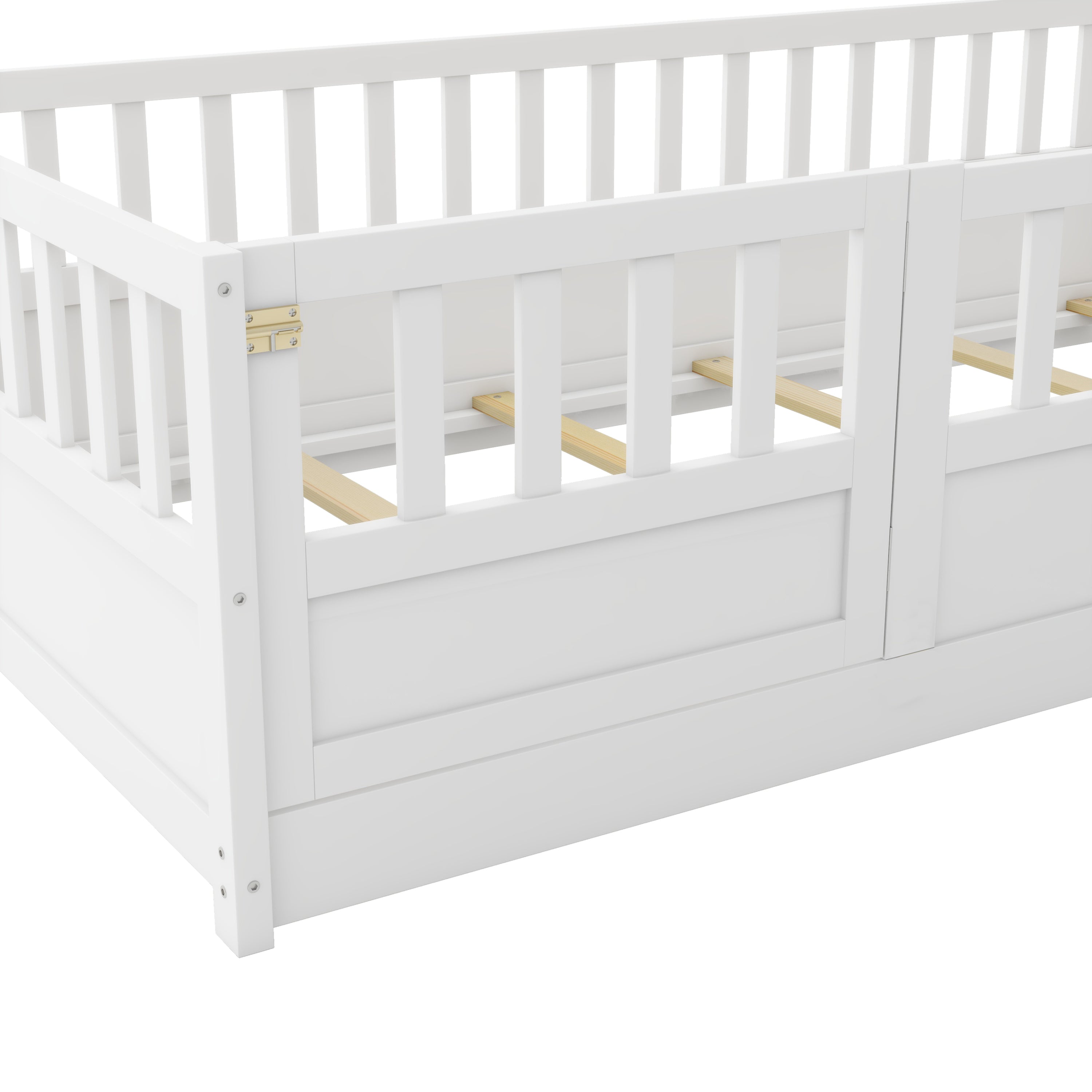 Twin Size Floor bed, integral construction with super high security barrier, door, children's floor bed frame, Montessori wooden children's floor bed, Support slat white