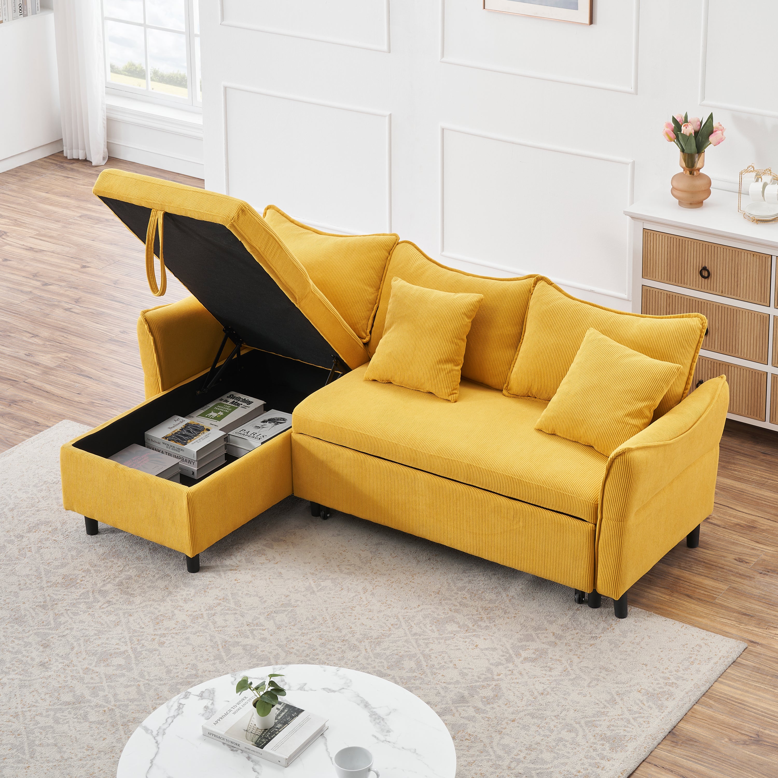 80" Yellow Corduroy L-Shaped Sofa Bed With Two Small Pillows - 3-Seater Sleeper Sofa With Storage For Living Room