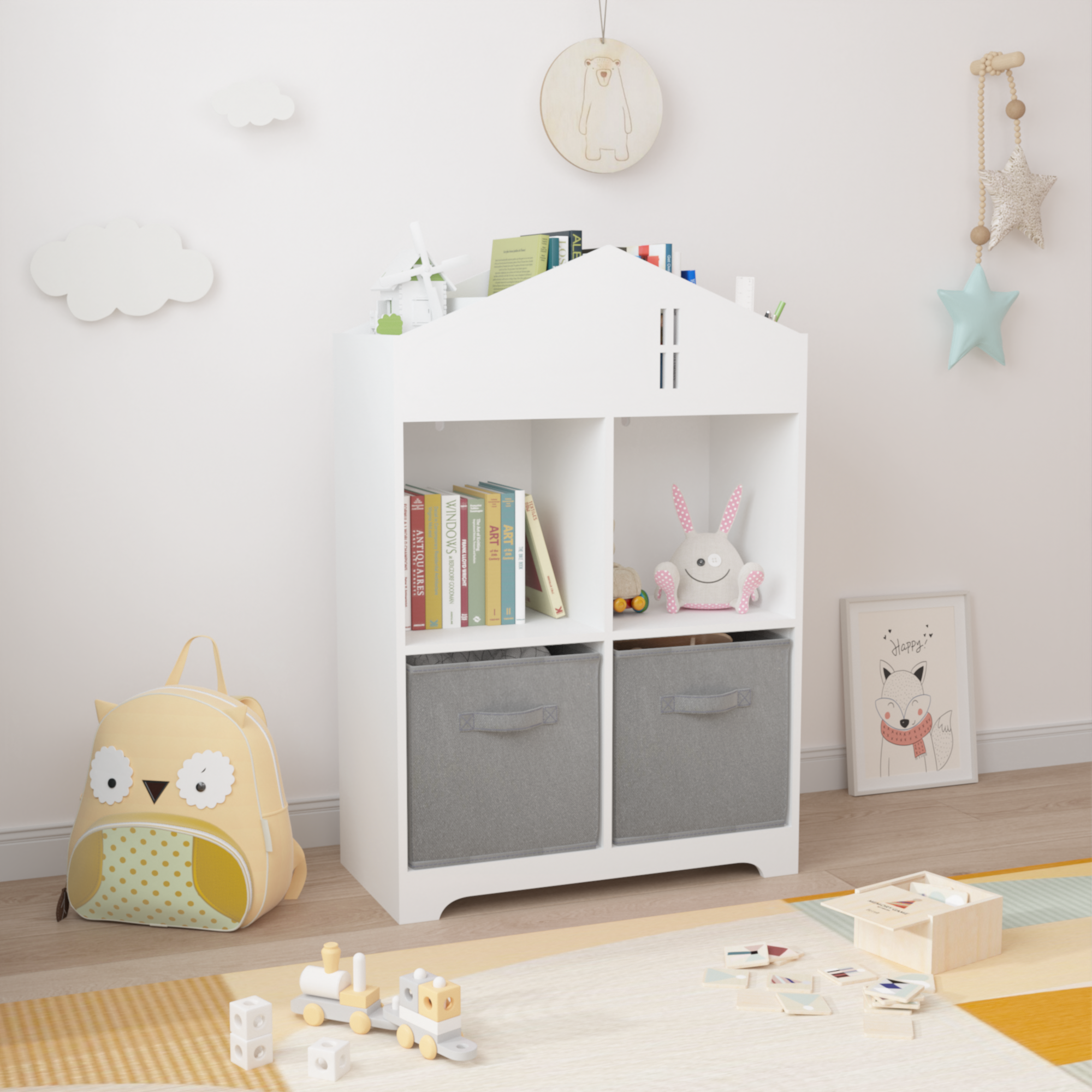 Kids Dollhouse Bookcase with Storage, 2-Tier Storage Display Organizer, Toddler Bookshelf with 2 Collapsible Fabric Drawers for Bedroom or Playroom (White/Gray)