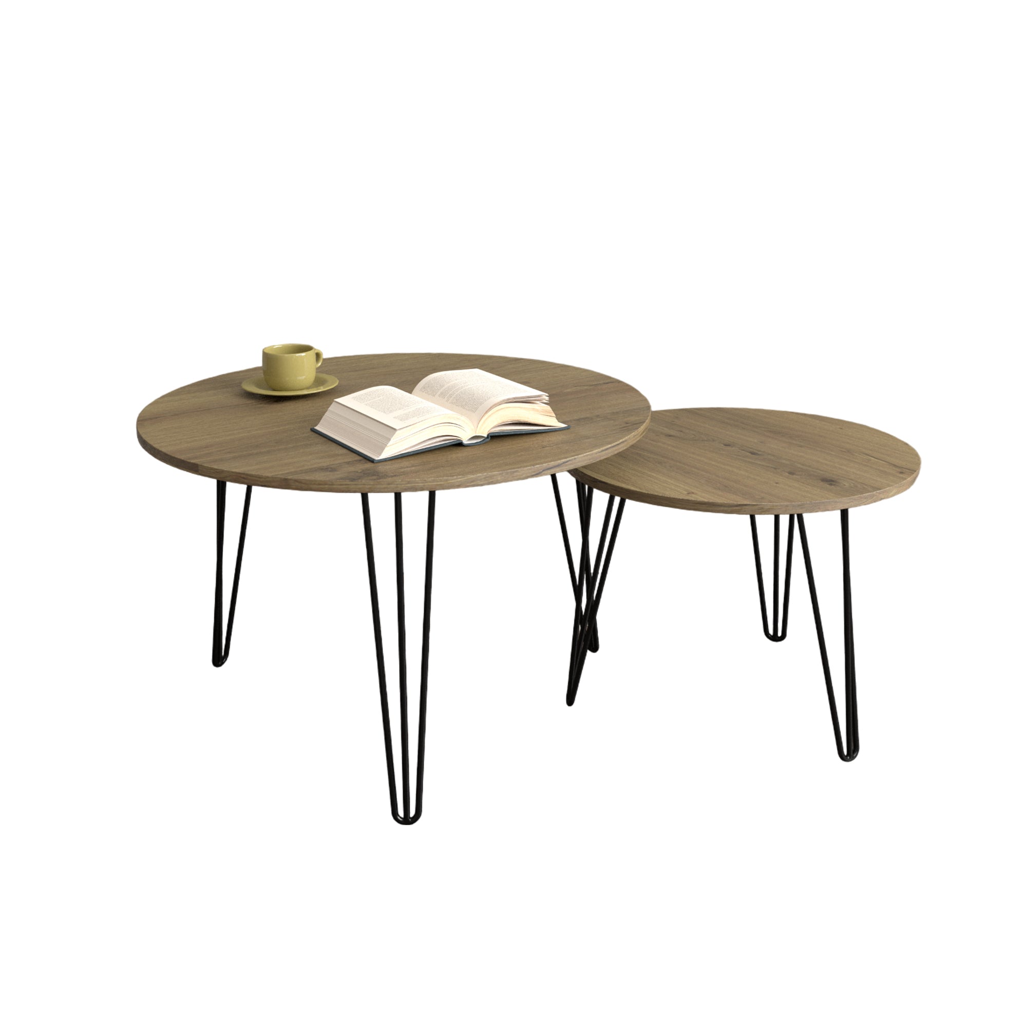 27.56'' Round Nesting Coffee Table Set of 2, Circular Nesting End Table Set, Round Wooden Tabletop, and Sturdy Metal Base for Living Room, bedroom, Brown