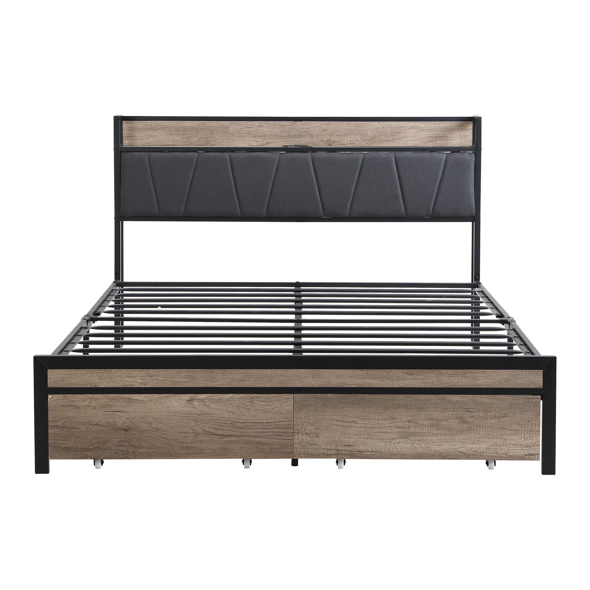 Queen Size  Metal Platform Bed Frame with upholstery storage function Headboard   and USB LINER  and Footboard with drawers , No Box Spring Needed, Large Under Bed Storage, Easy Assemble