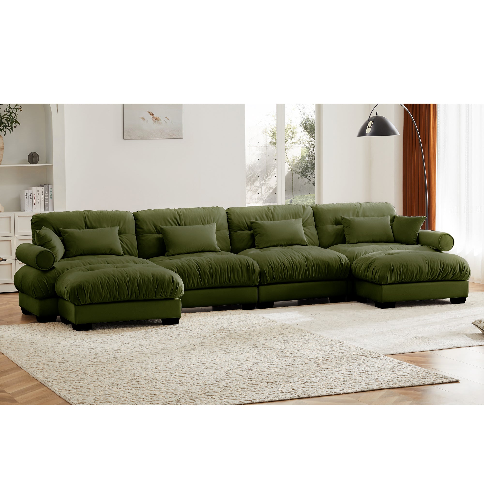 U-Shaped Velvet Sectional Cloud Couch with Movable Ottomans, Deep 4-Seater with Bolstered Armrests and Pillows, Olive green