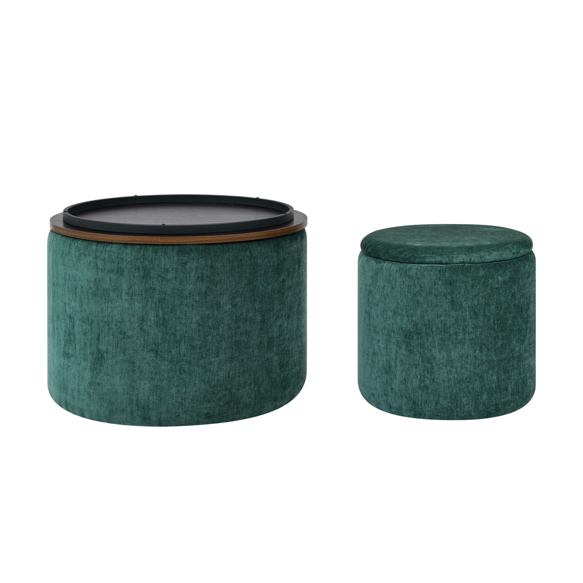 2-Piece Set Round Chenille Storage Ottoman, Equipped with a Drum Shaped Small Stool, Storage Space, and MDF Made Desktop Panel (Dark Green23.62"x23.62"x16.53")