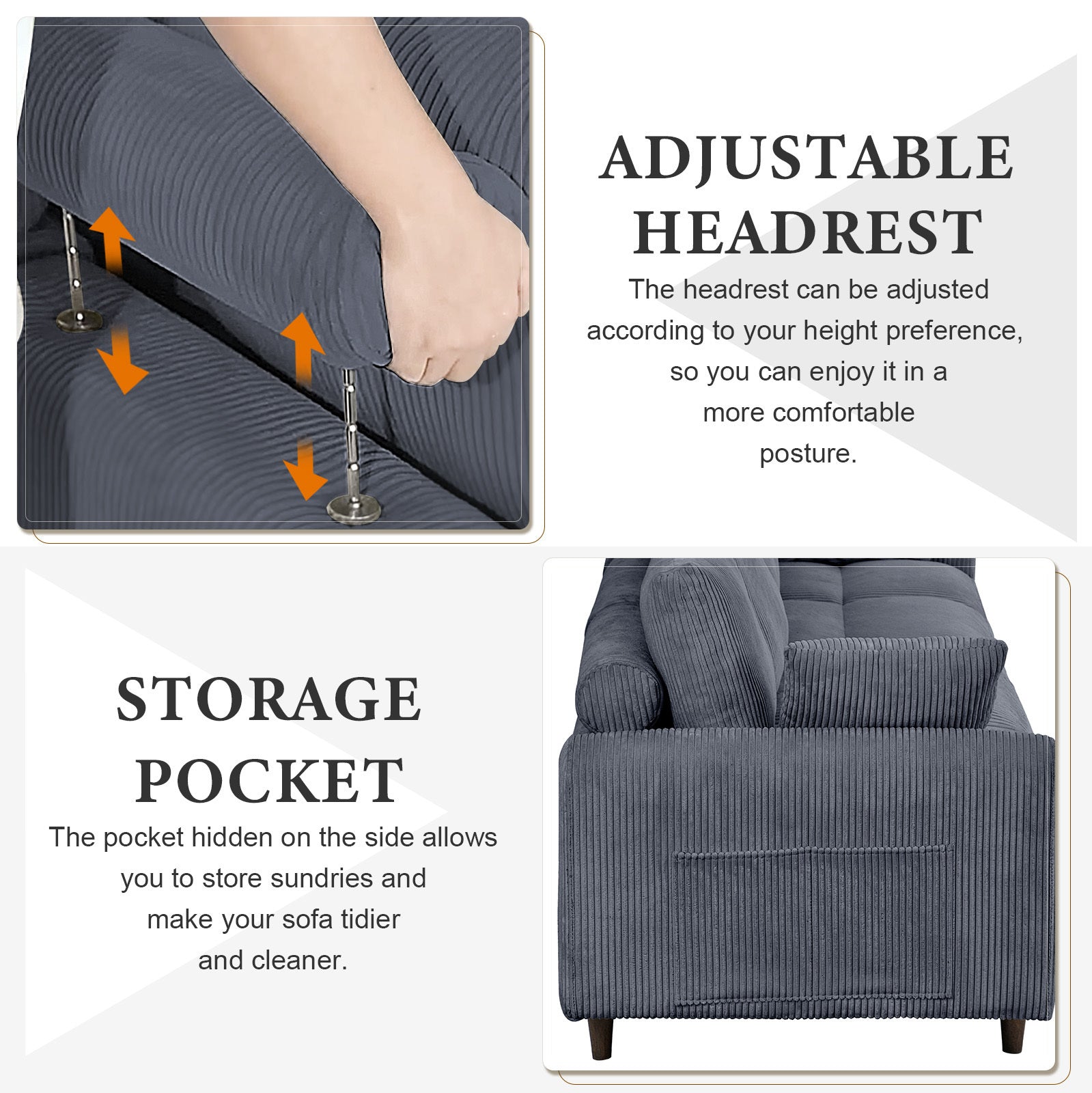 6-Seat Corduroy Modular Sofa, U/L Shape with Footstool – Gray